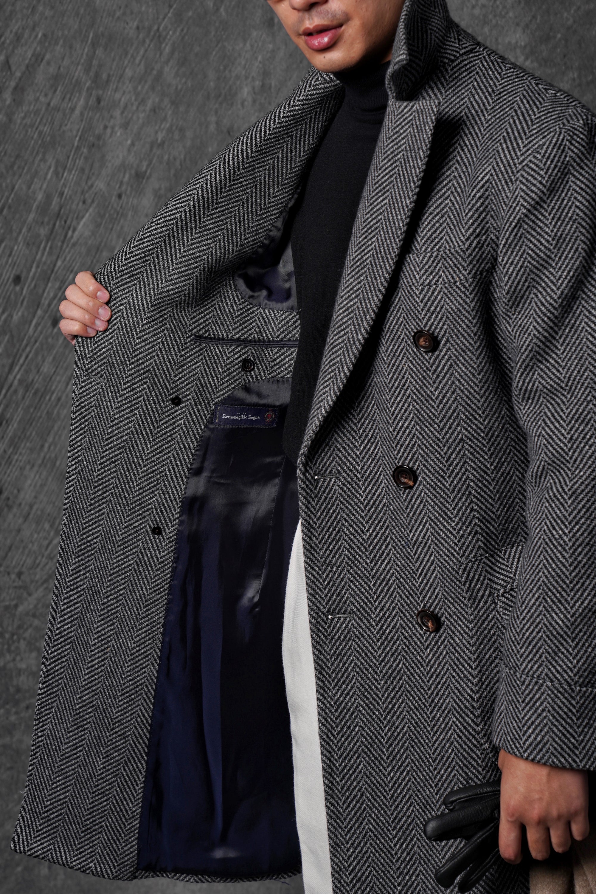 MTO Grey Herringbone Wool Silk Ulster Polo Coat