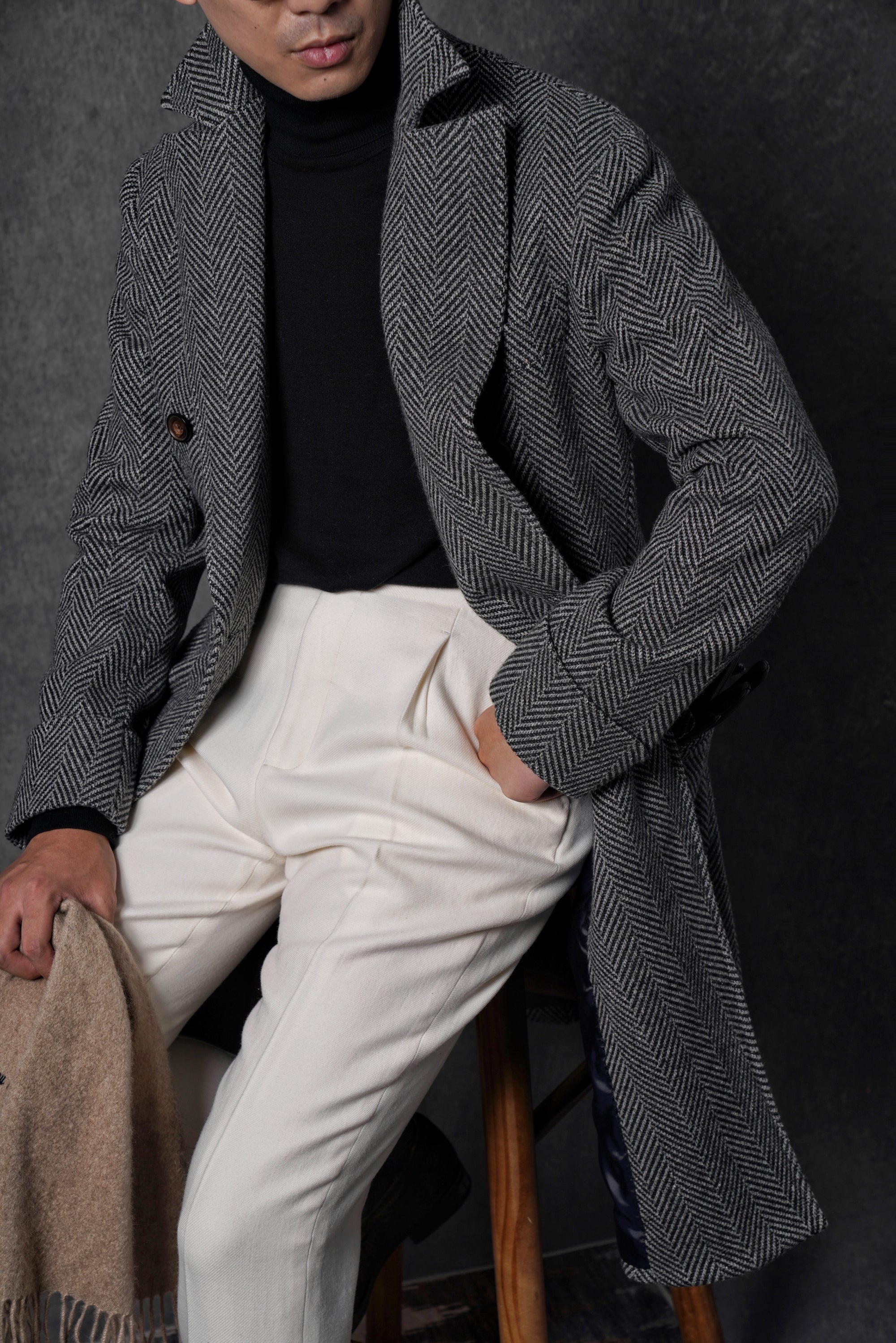 MTO Grey Herringbone Wool Silk Ulster Polo Coat