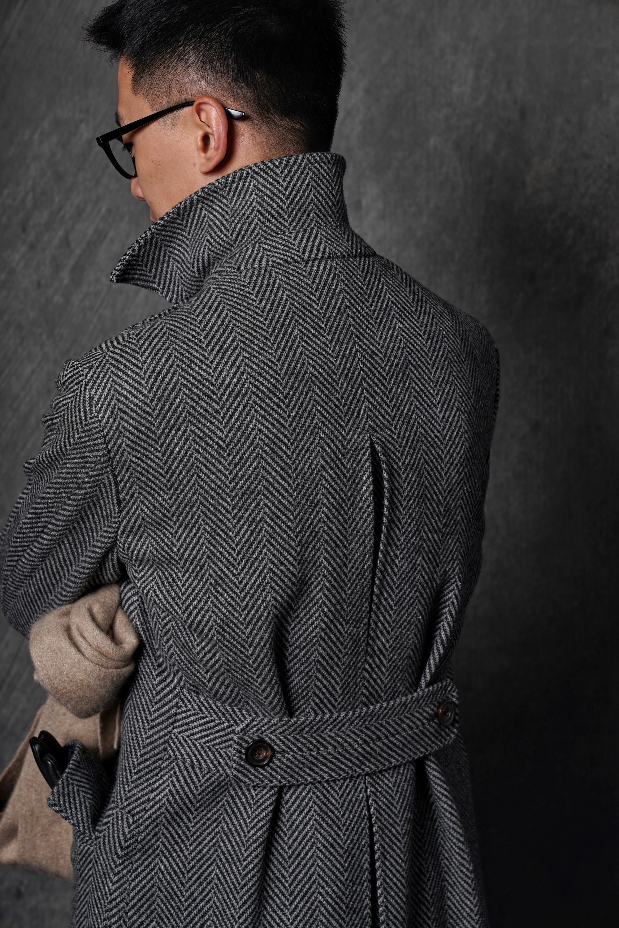 MTO Grey Herringbone Wool Silk Ulster Polo Coat