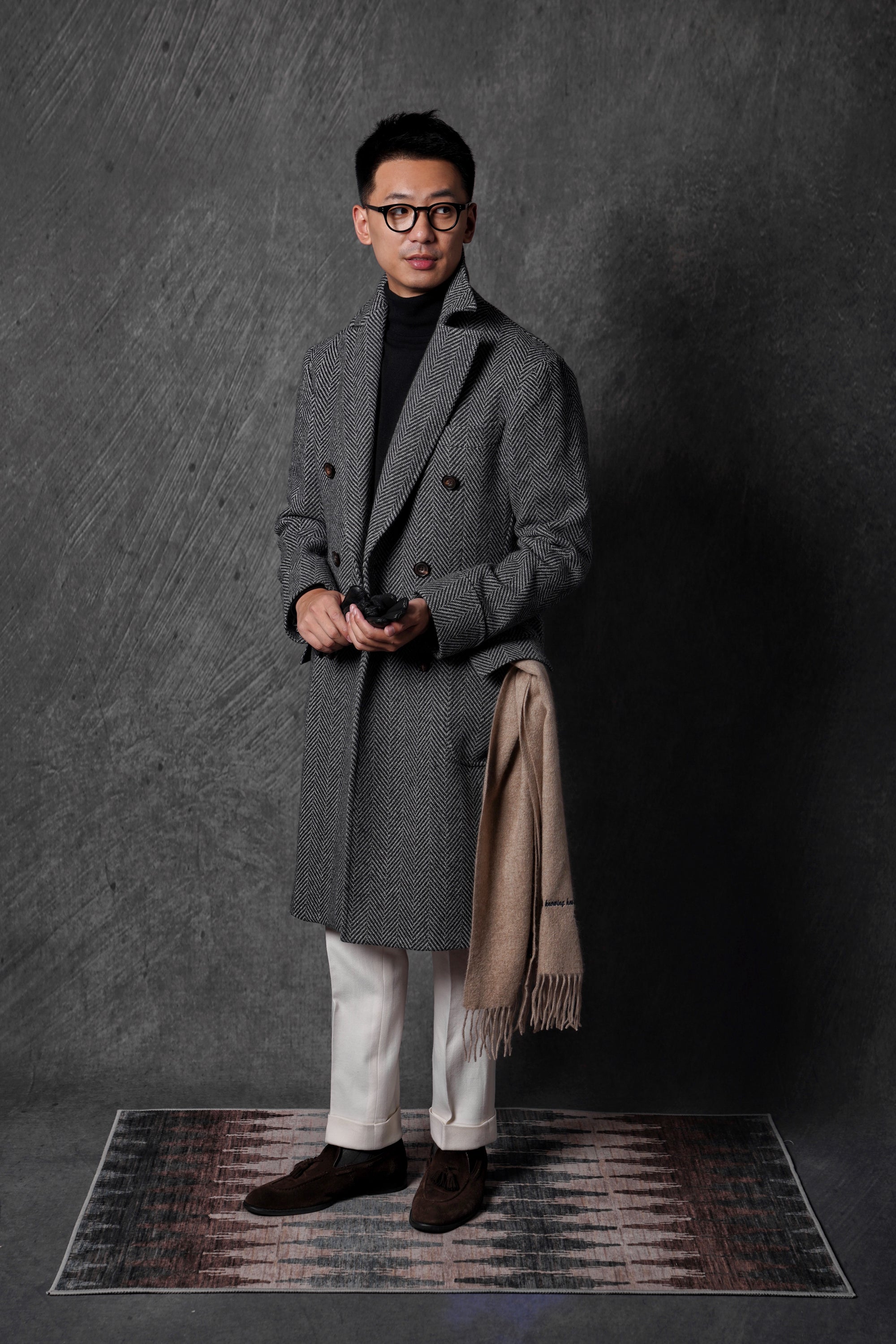 MTO Grey Herringbone Wool Silk Ulster Polo Coat
