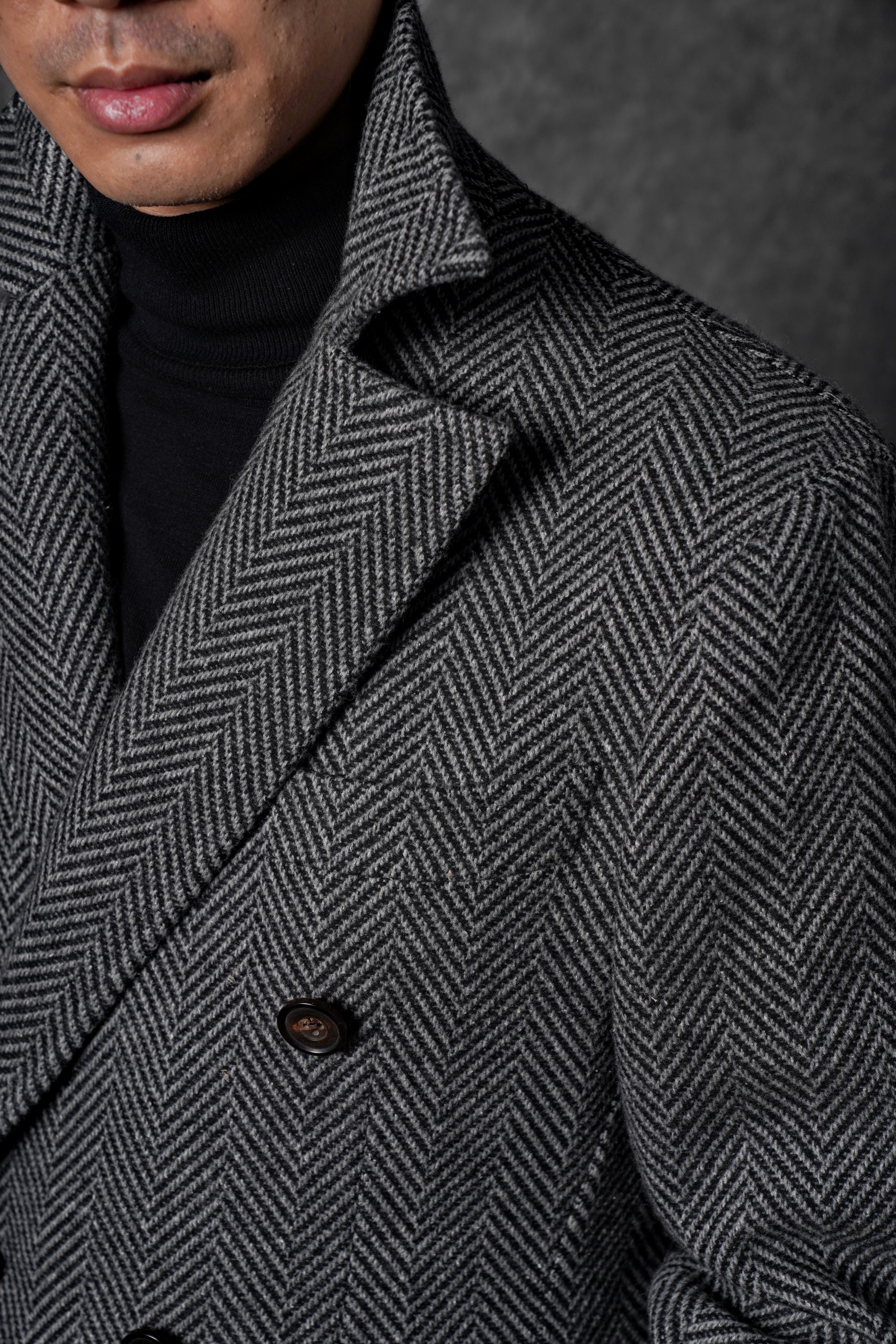 MTO Grey Herringbone Wool Silk Ulster Polo Coat