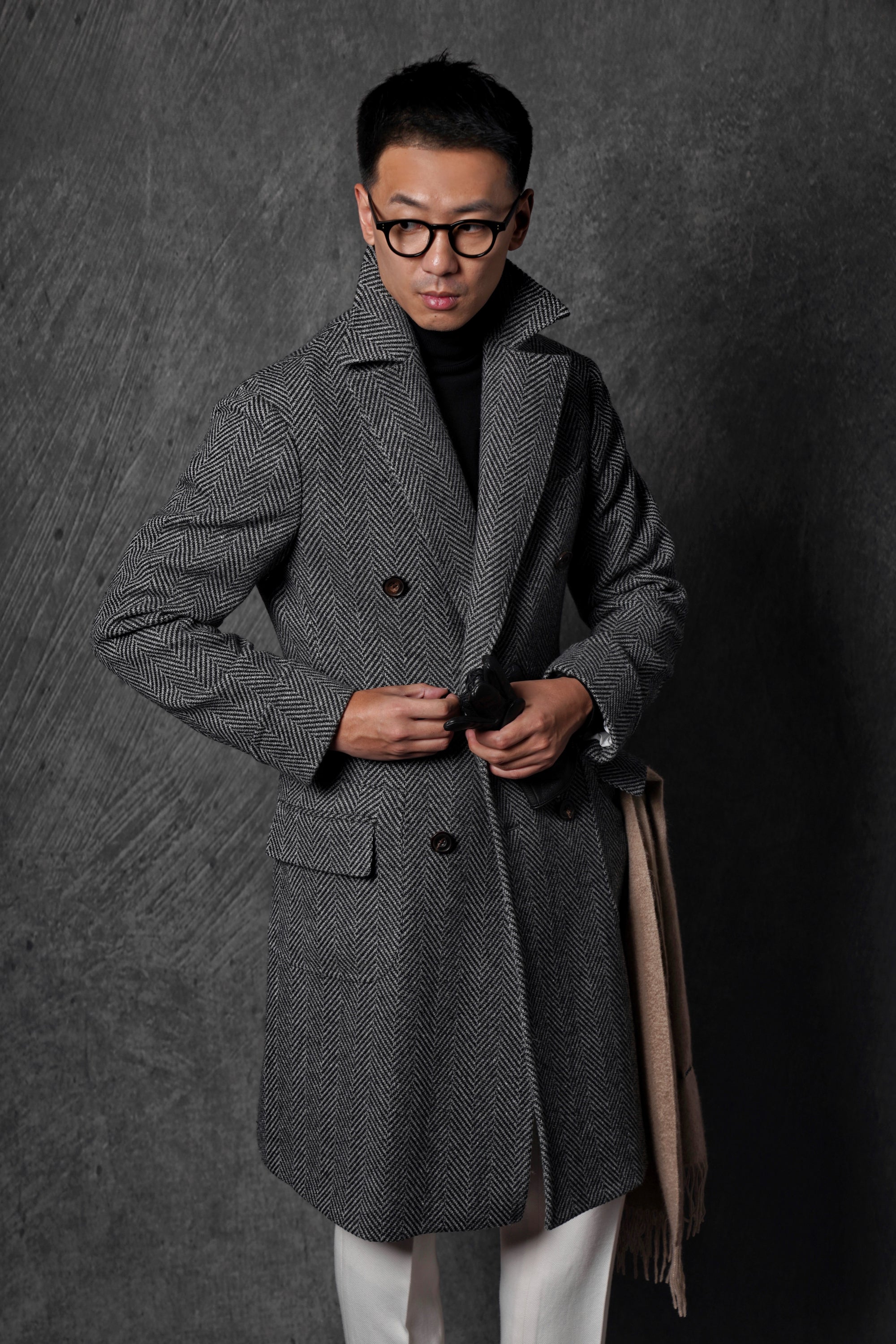 MTO Grey Herringbone Wool Silk Ulster Polo Coat