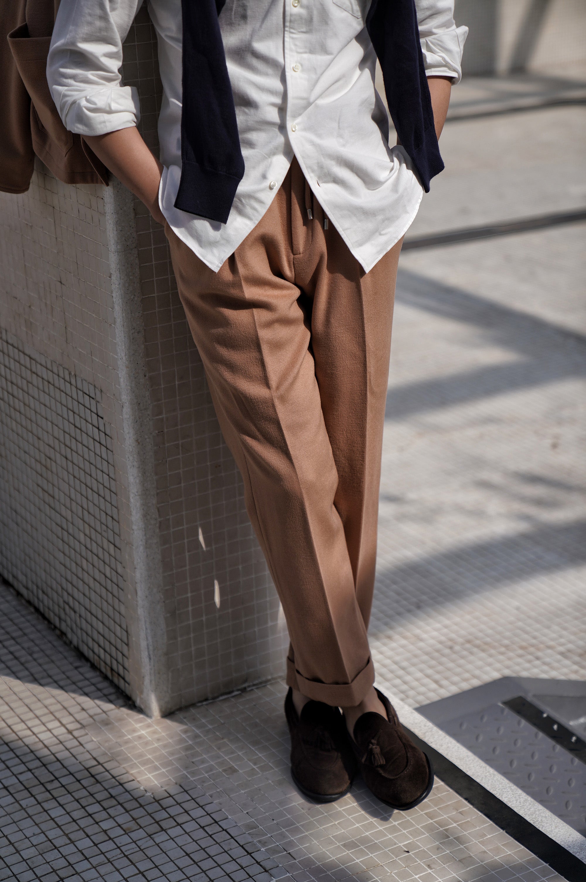 Camel Silk Wool Blending Drawstring Trousers