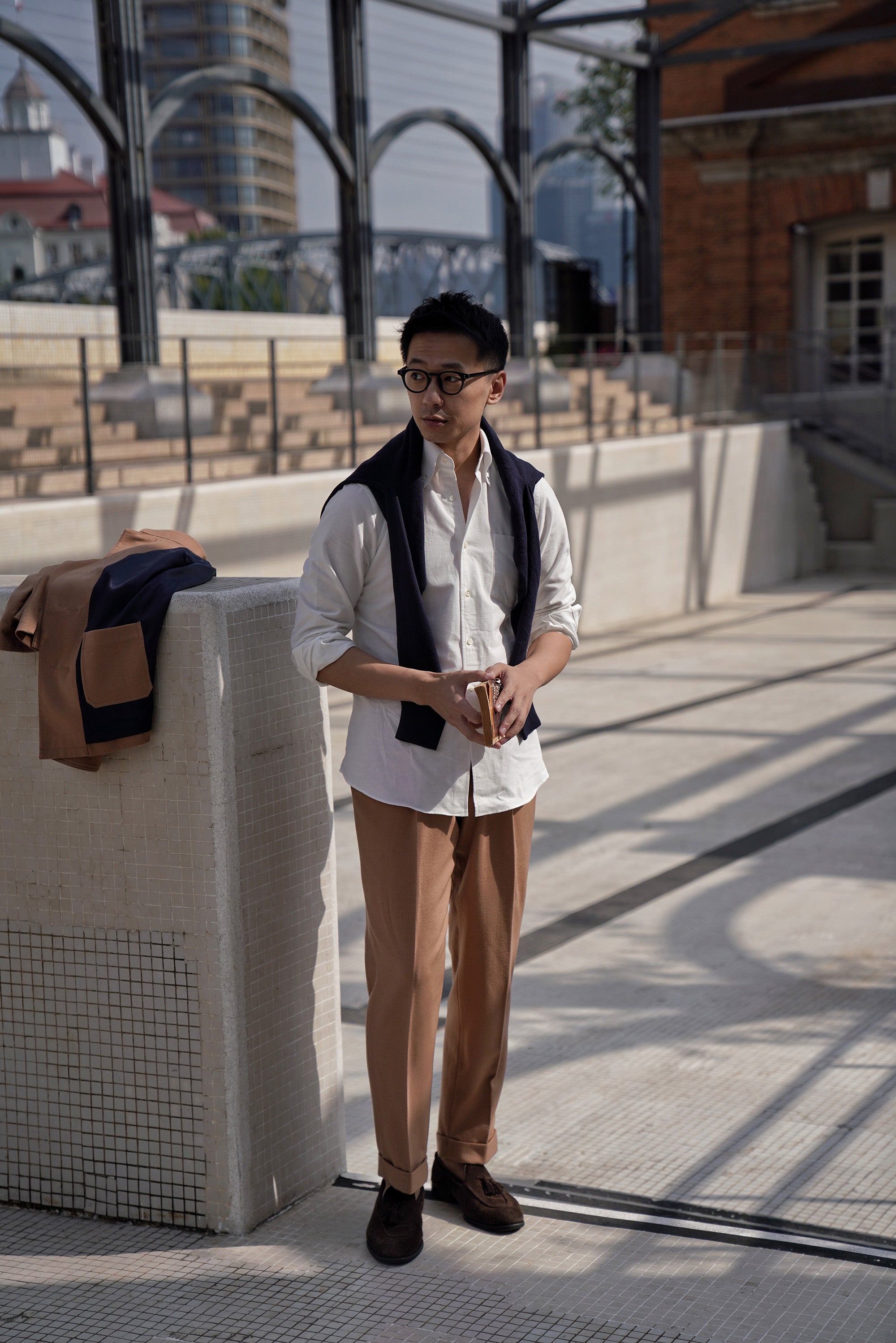 Camel Silk Wool Blending Drawstring Trousers