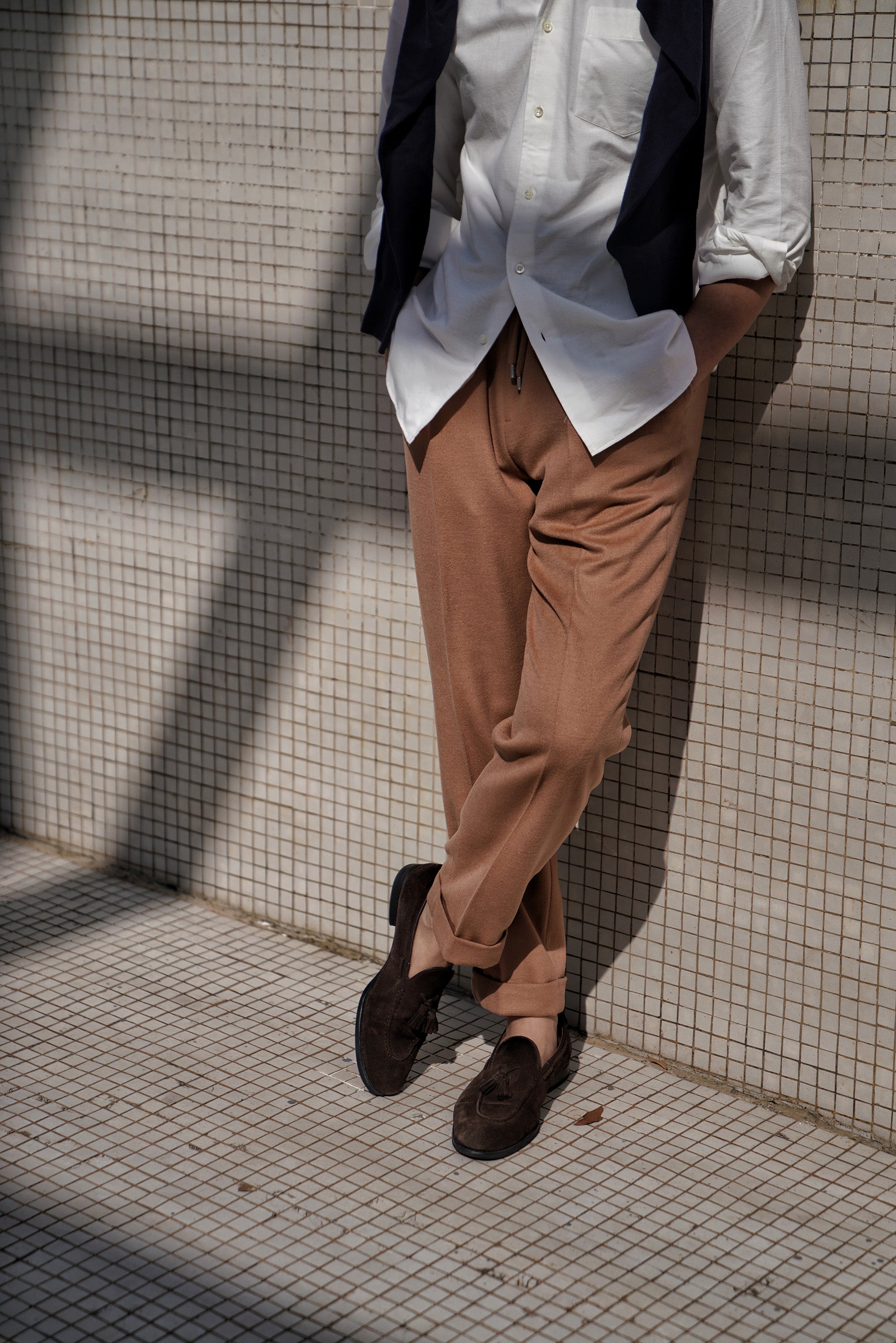 Camel Silk Wool Blending Drawstring Trousers
