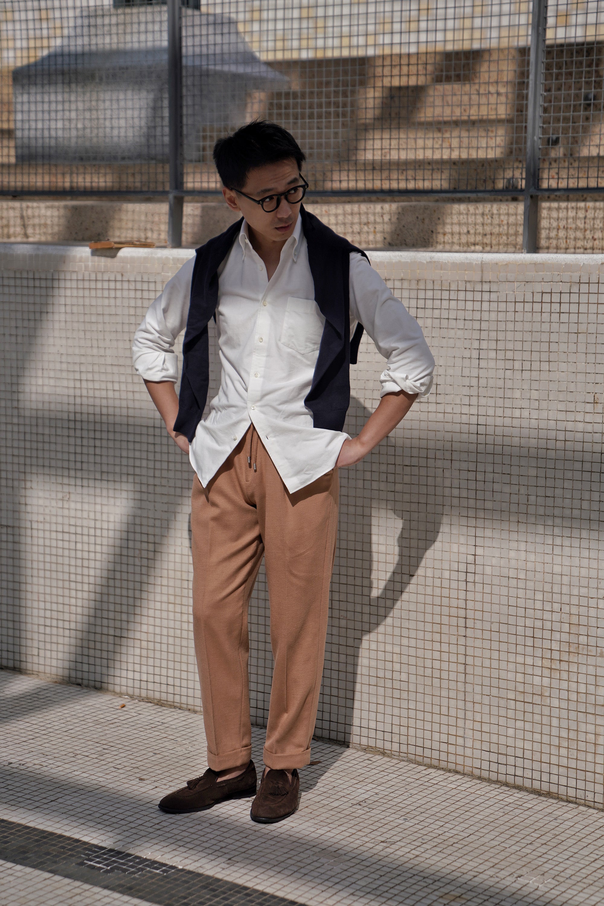 Camel Silk Wool Blending Drawstring Trousers