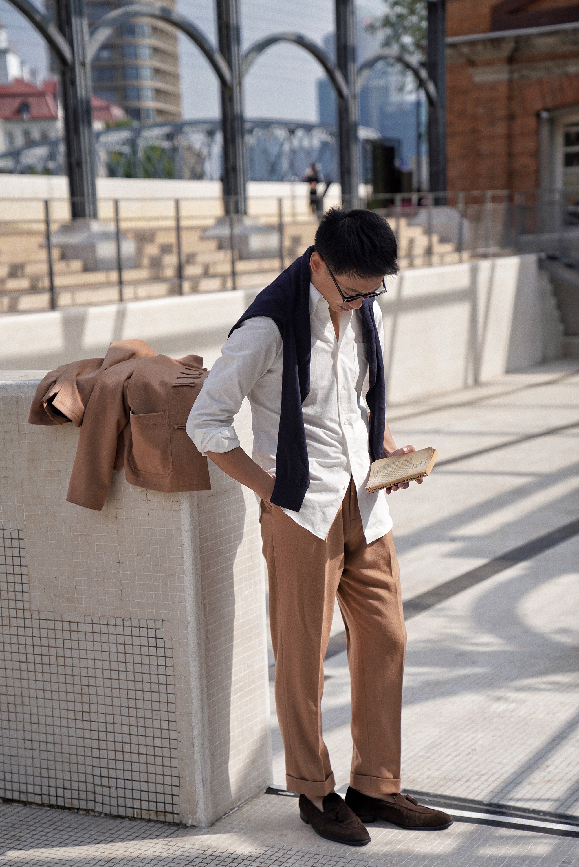 Camel Silk Wool Blending Drawstring Trousers
