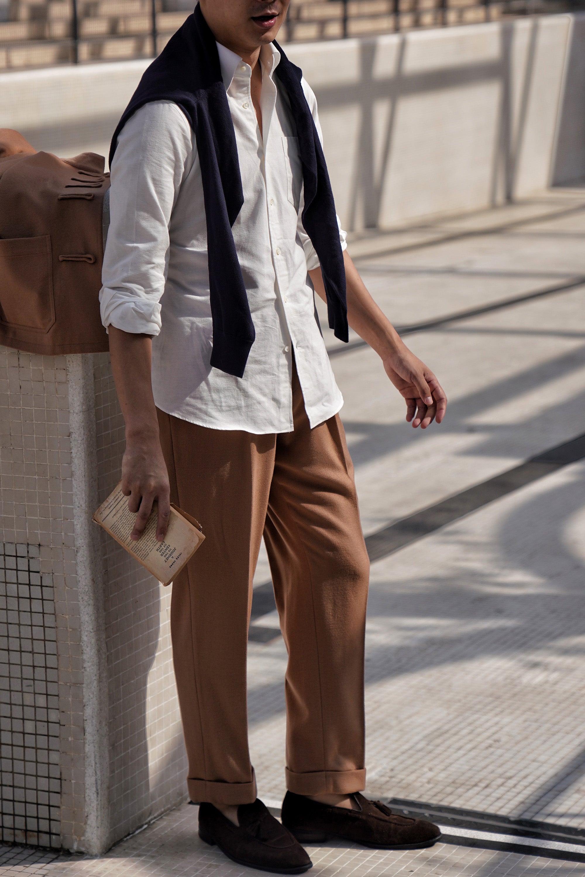 Camel Silk Wool Blending Drawstring Trousers