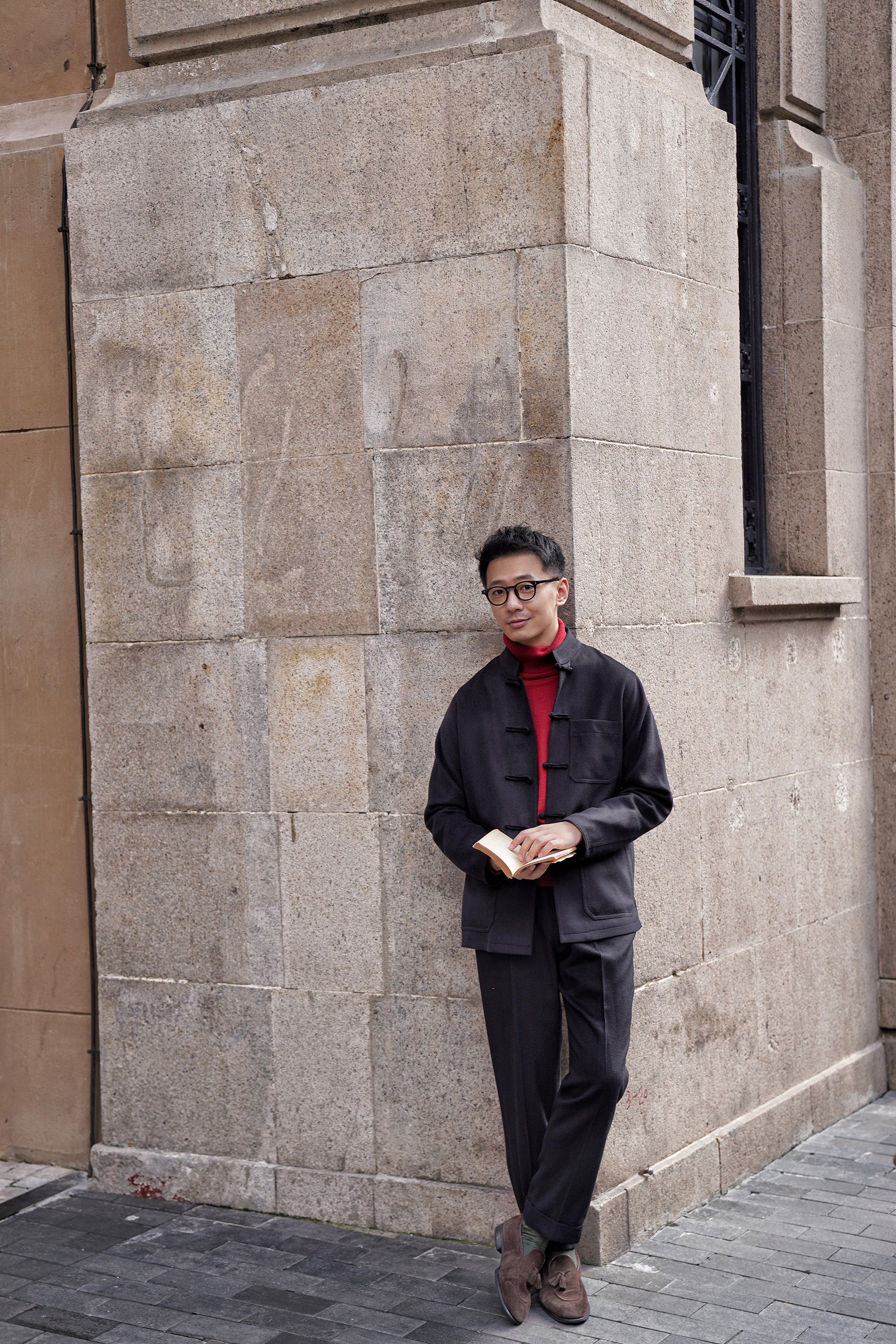 Black Silk Wool Blending Drawstring Trousers