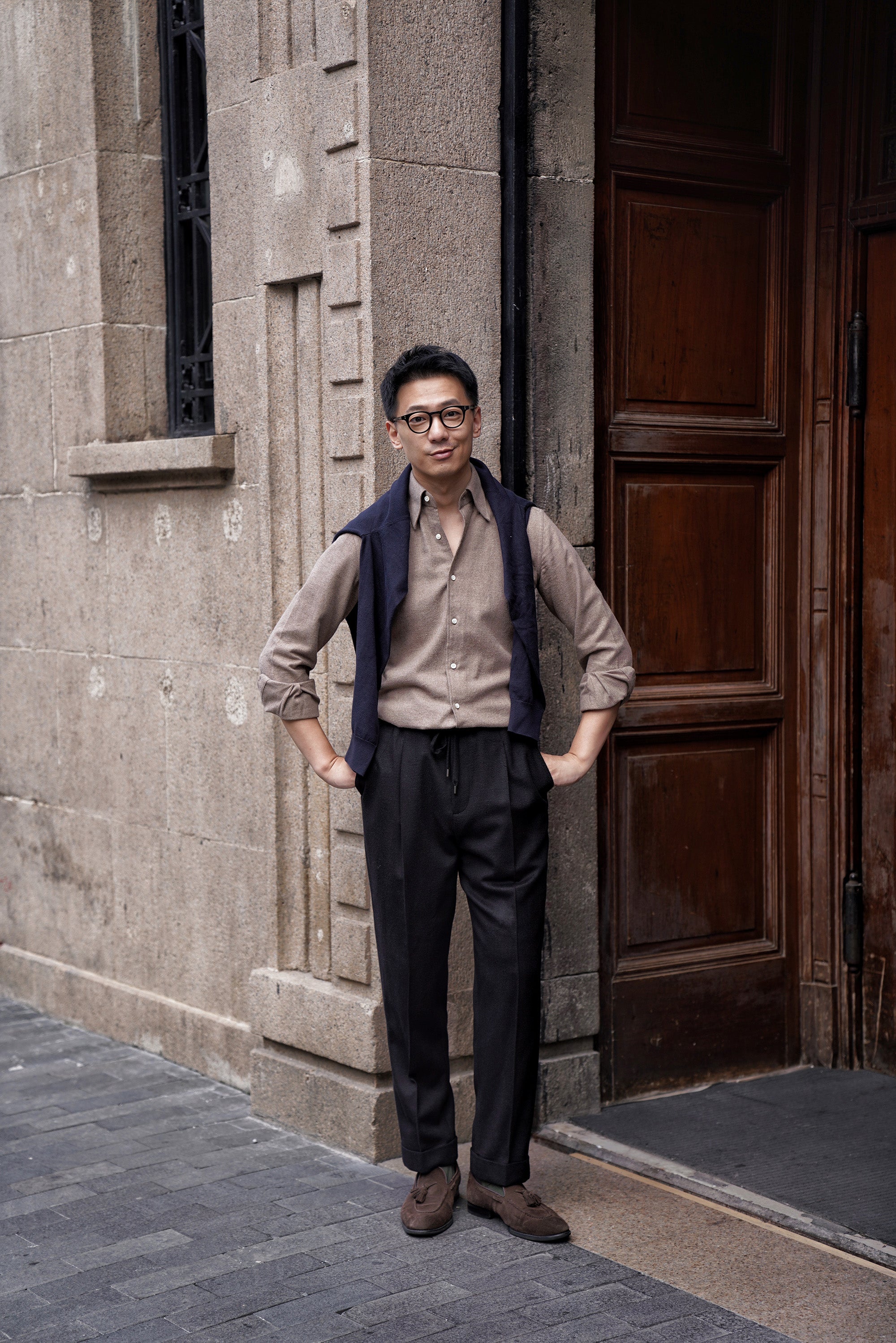 Black Silk Wool Blending Drawstring Trousers