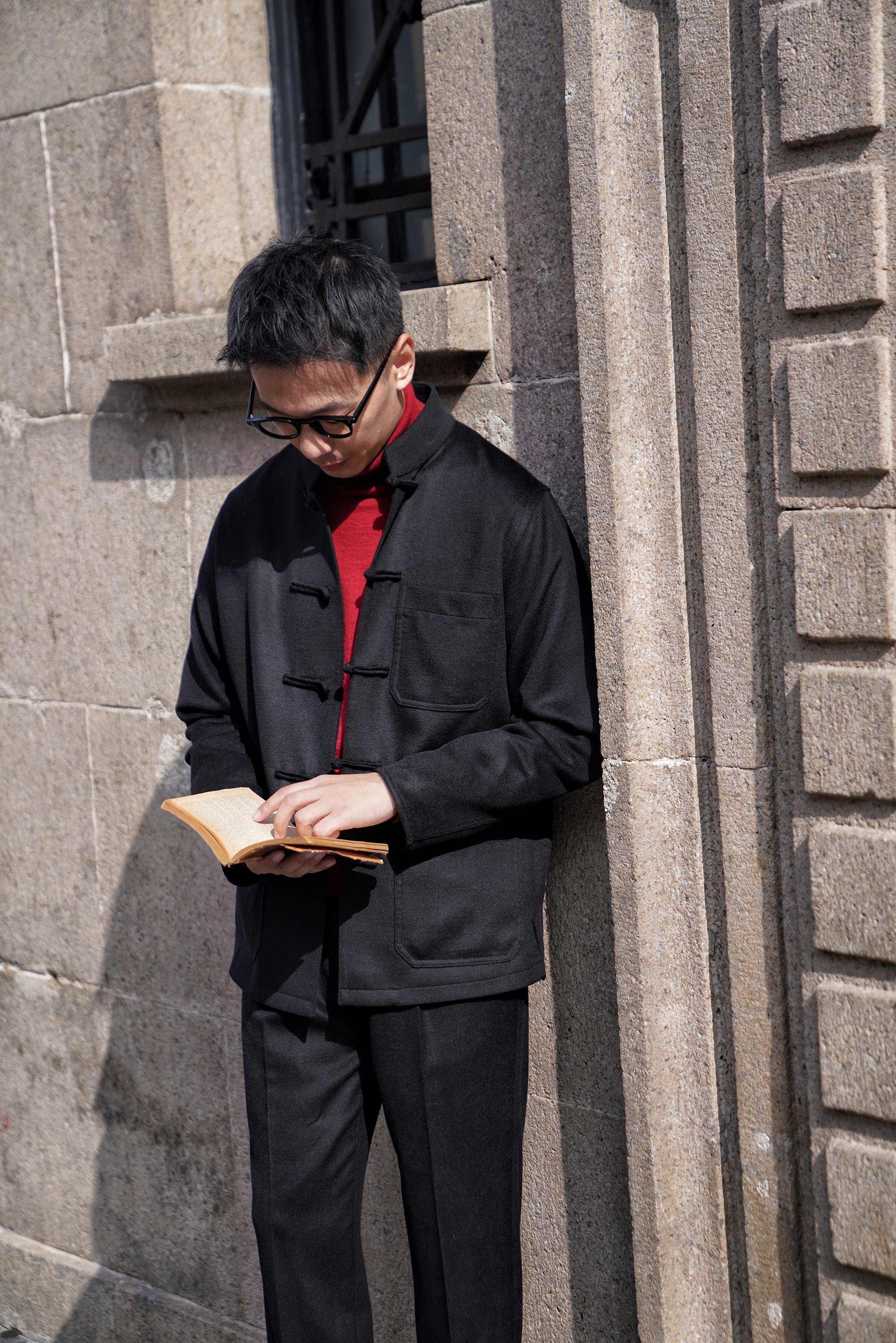 Black Silk Wool Blending Drawstring Trousers