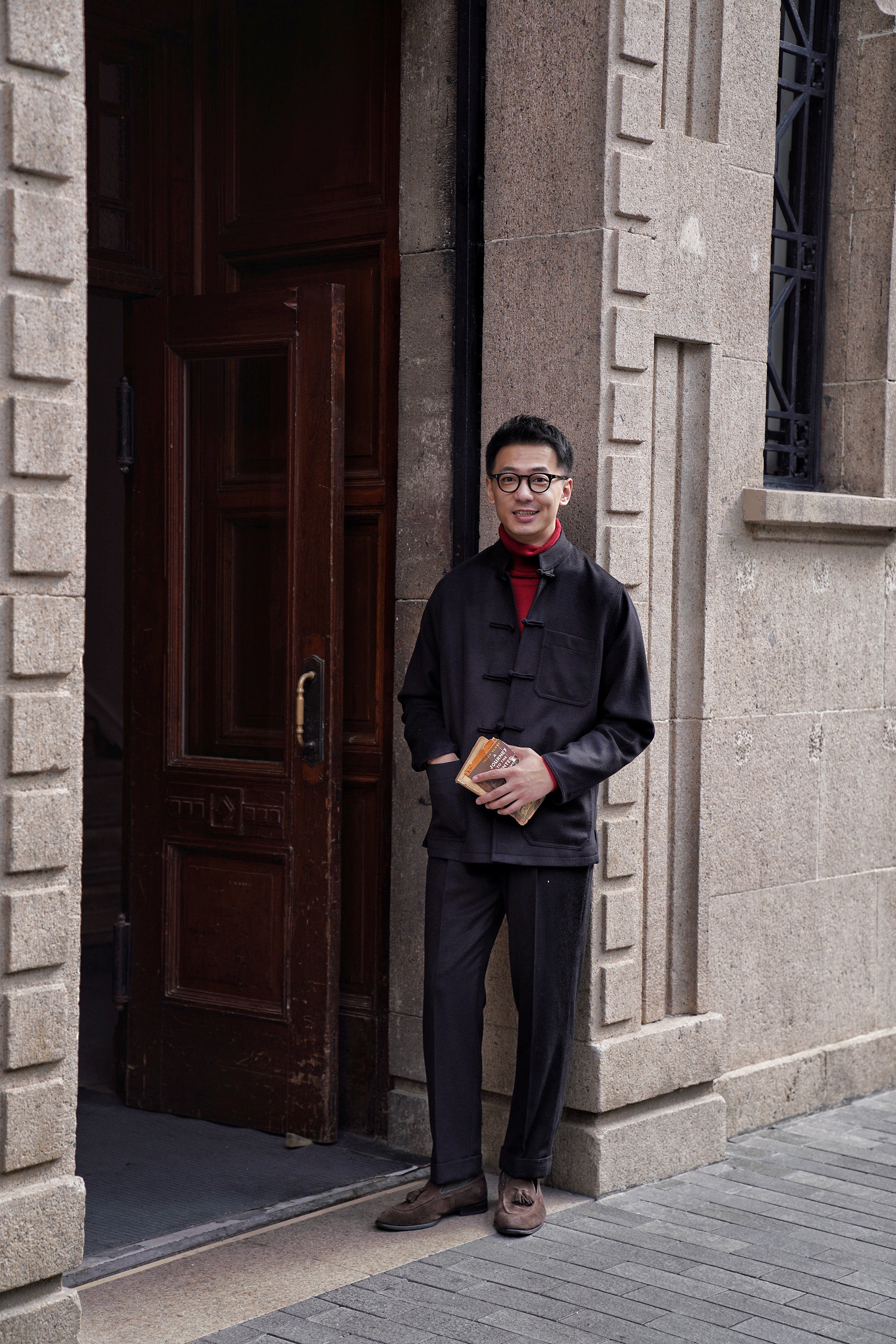Black Silk Wool Blending Drawstring Trousers