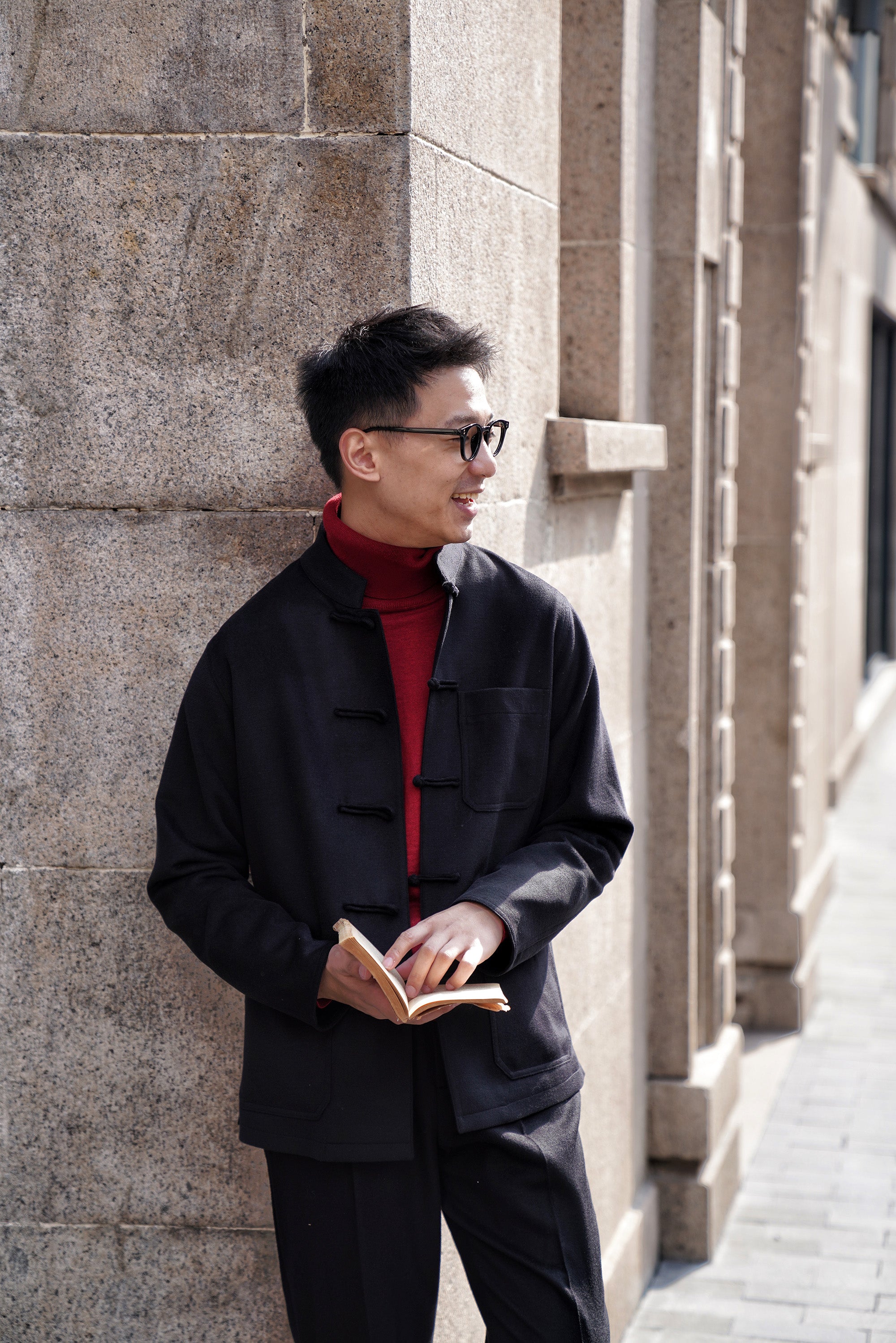 Black Silk Wool Blending Drawstring Trousers