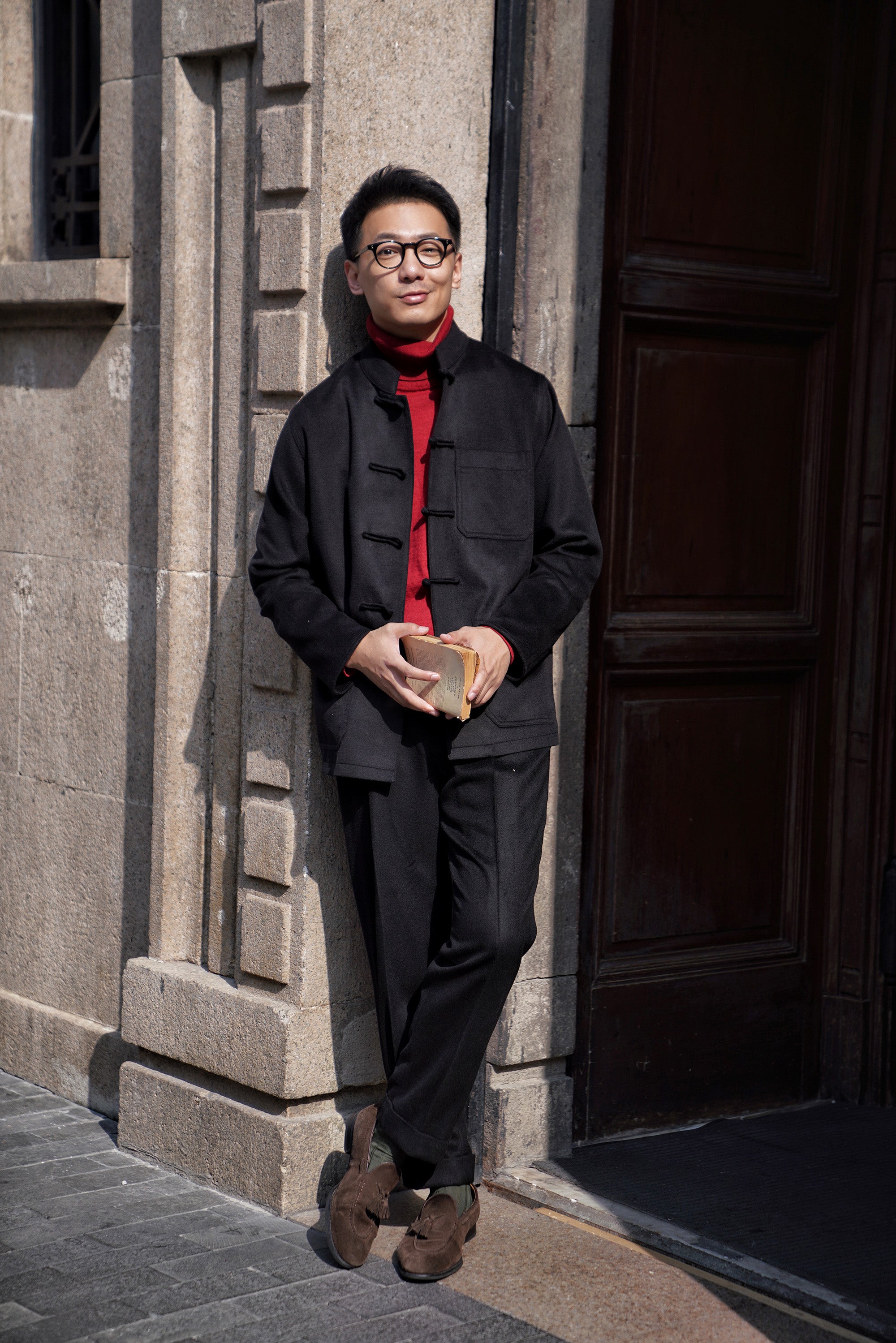 Black Silk Wool Blending Drawstring Trousers