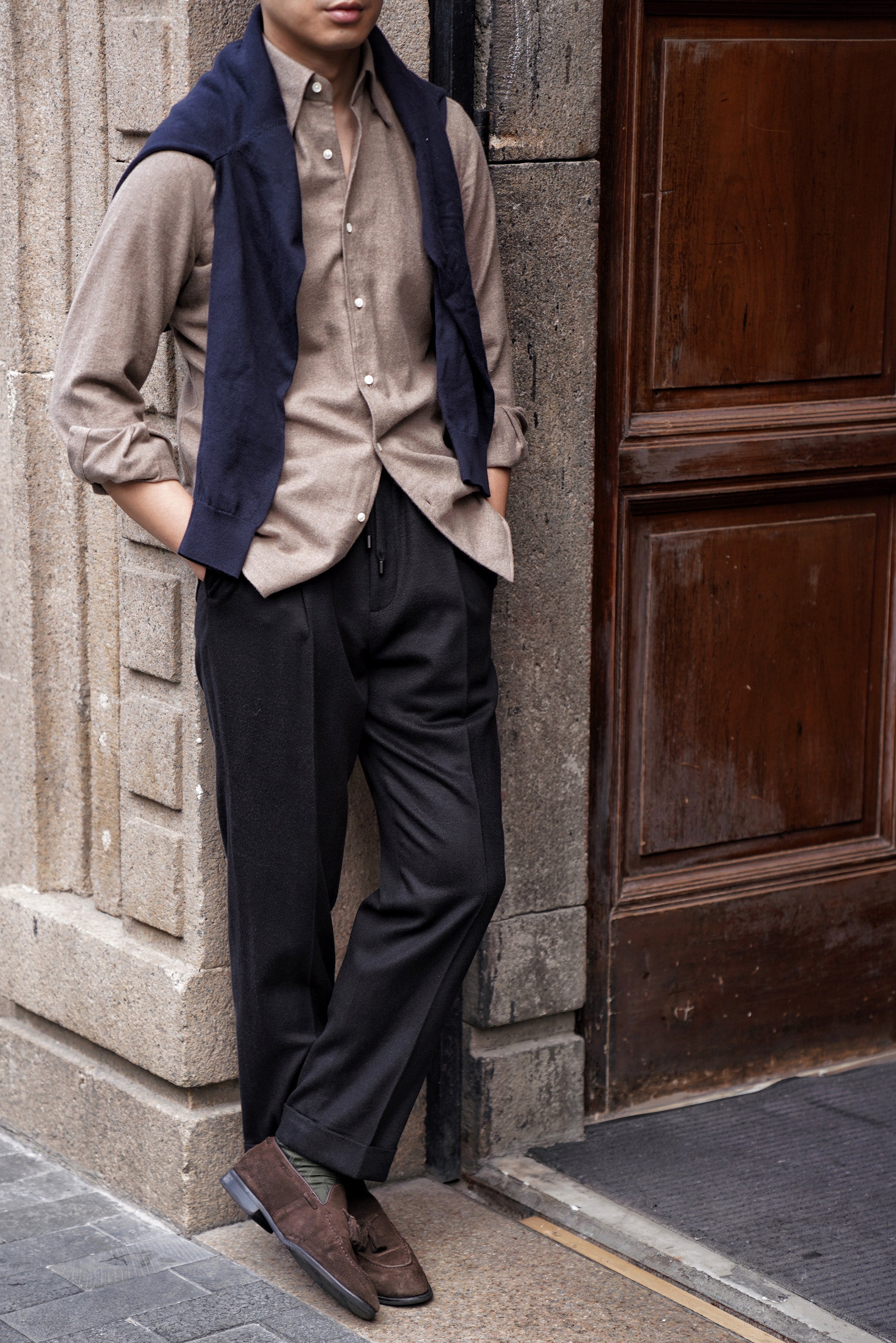 Black Silk Wool Blending Drawstring Trousers