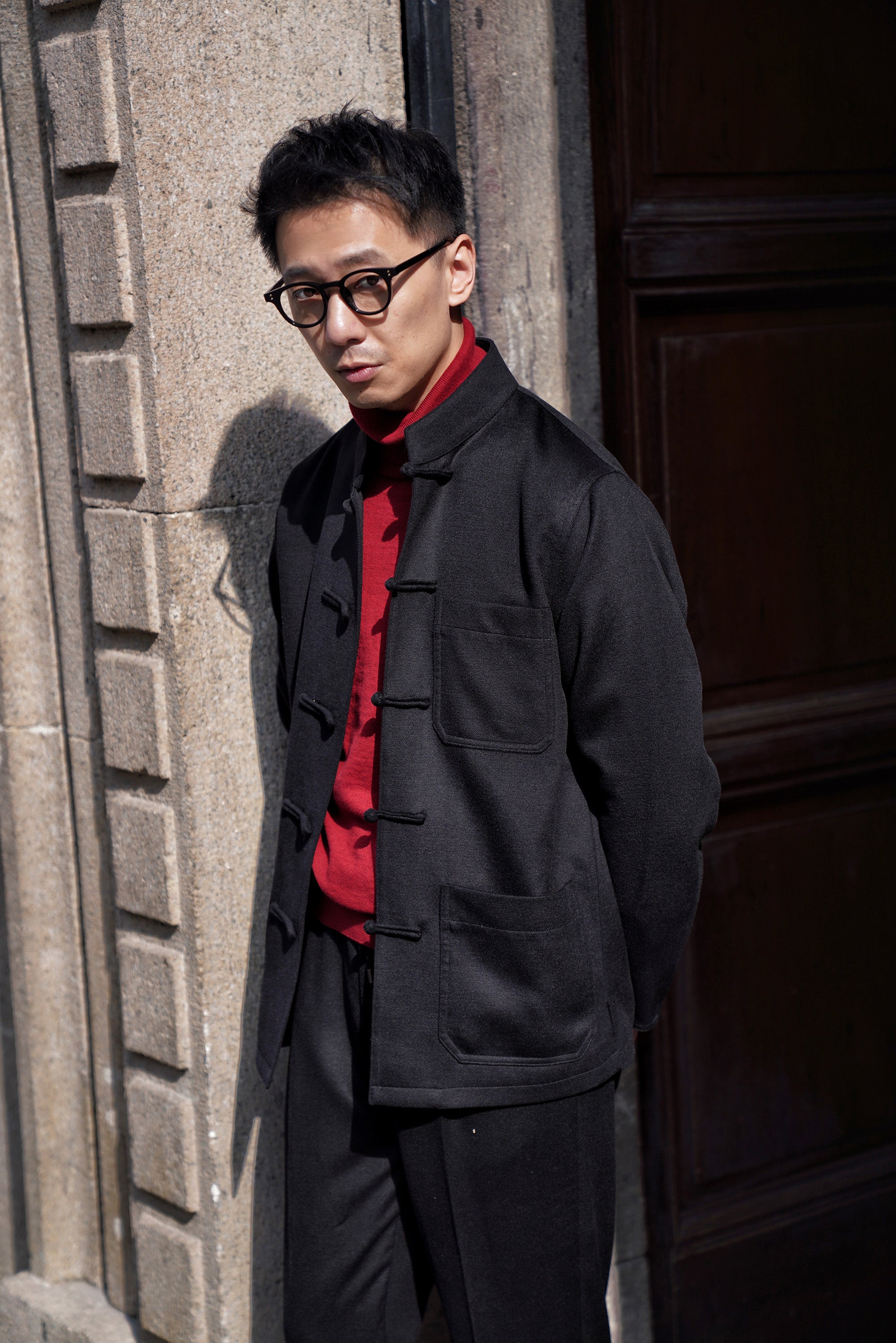 Black Silk Wool Blending Drawstring Trousers