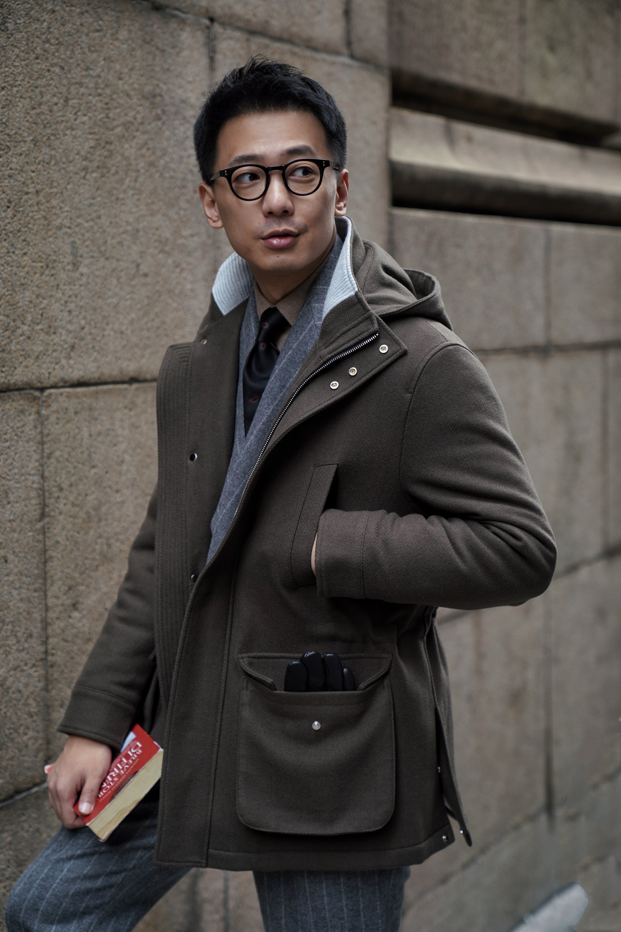 Olive Herringbone Wool Cashmere N3B Parka
