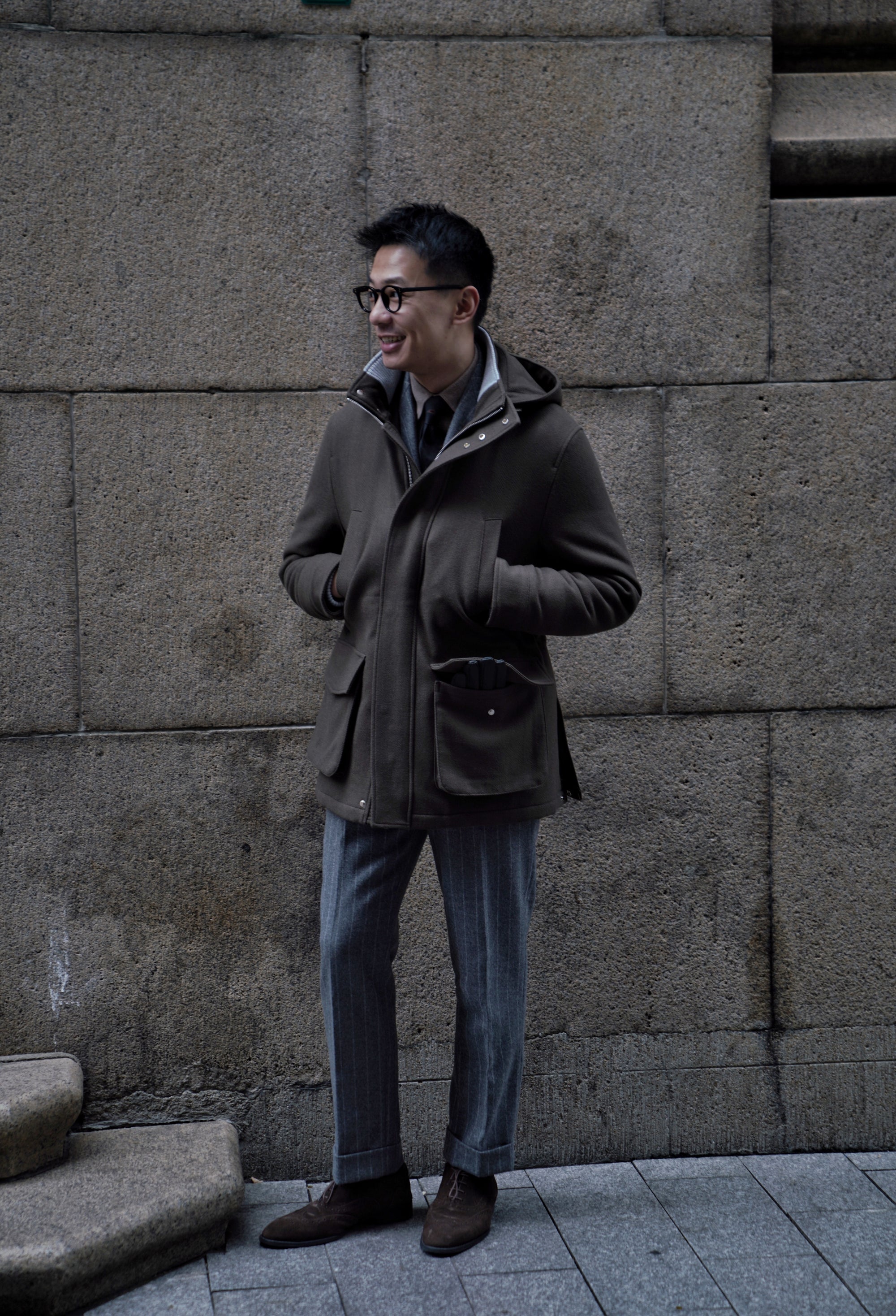 Olive Herringbone Wool Cashmere N3B Parka