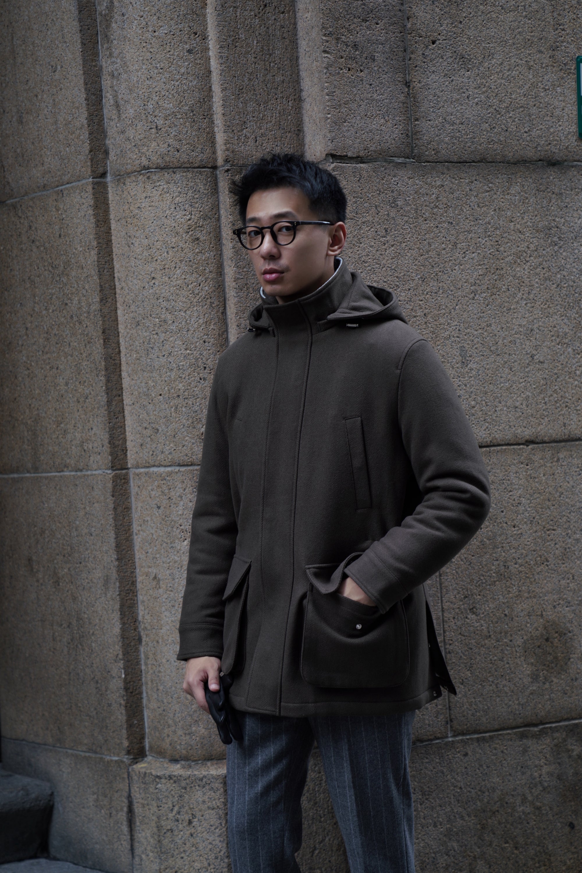 Olive Herringbone Wool Cashmere N3B Parka