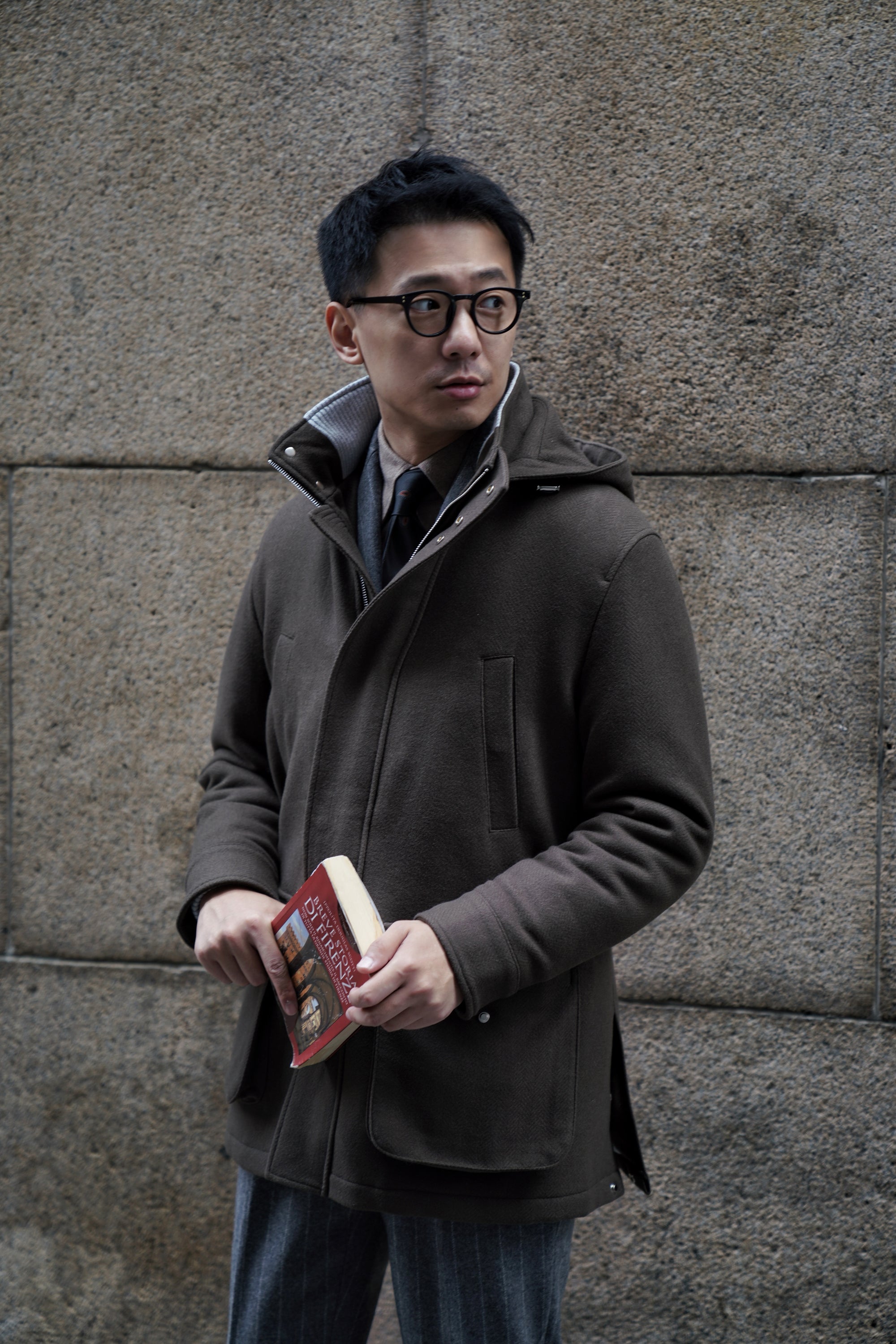 Olive Herringbone Wool Cashmere N3B Parka