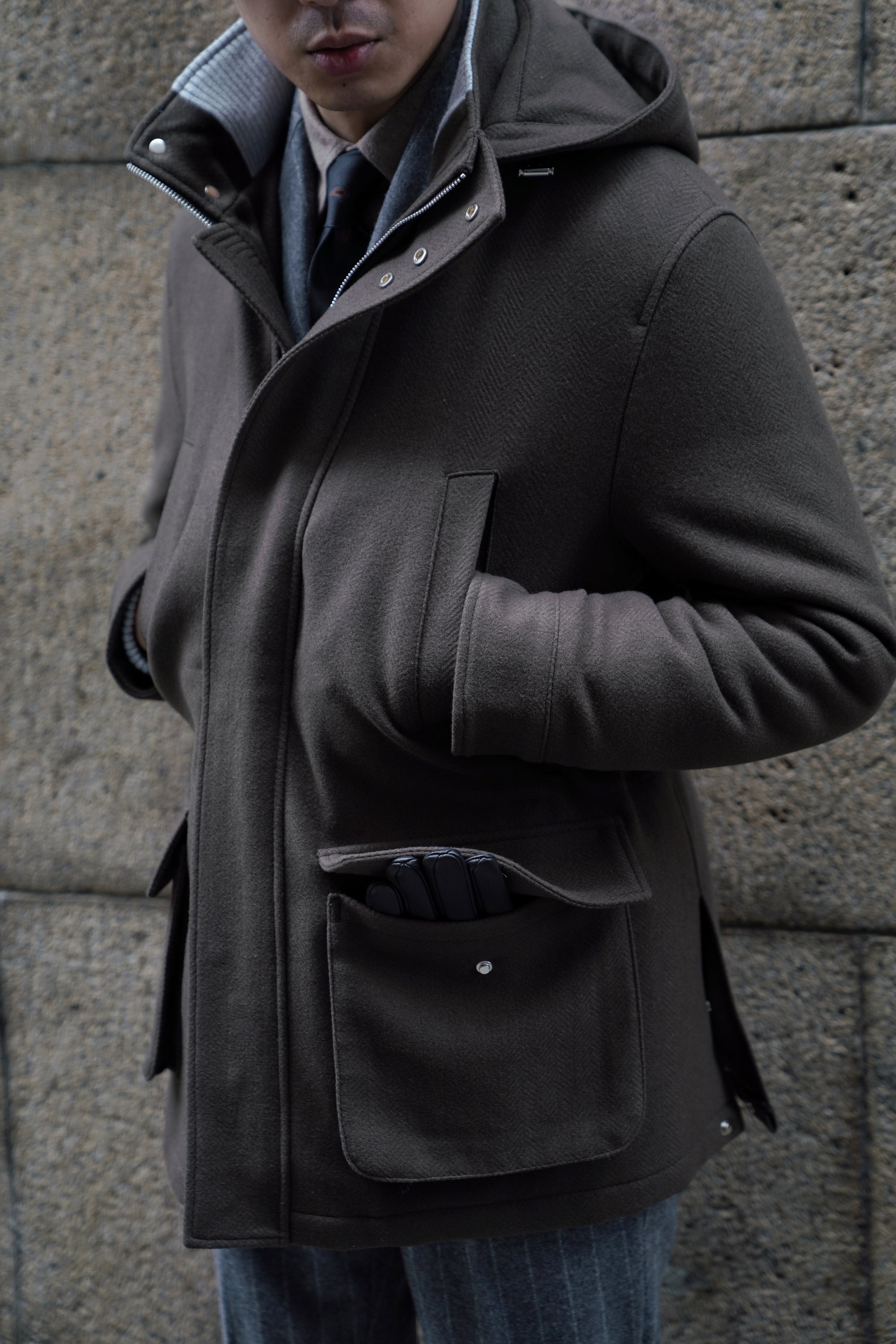 Olive Herringbone Wool Cashmere N3B Parka
