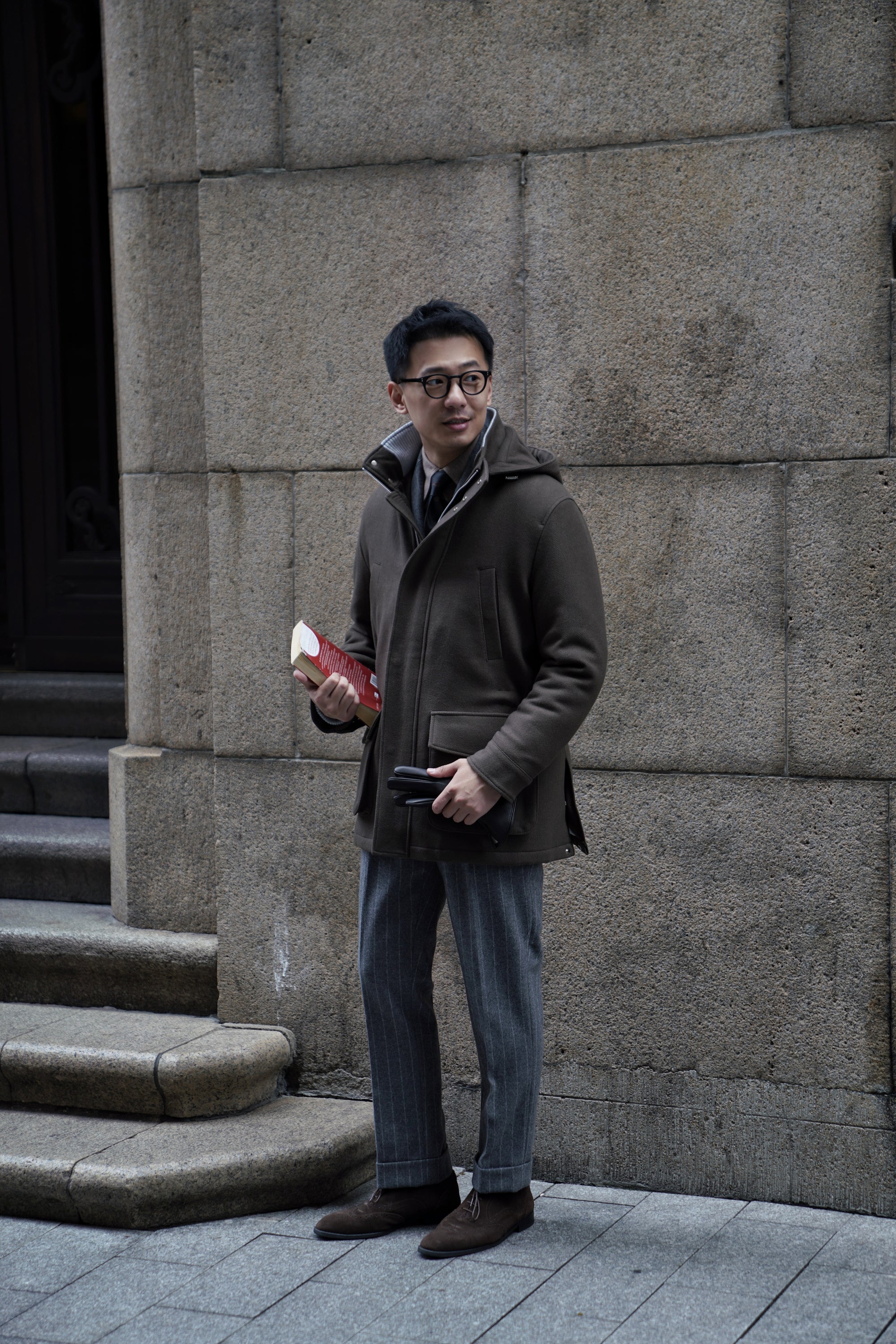 Olive Herringbone Wool Cashmere N3B Parka