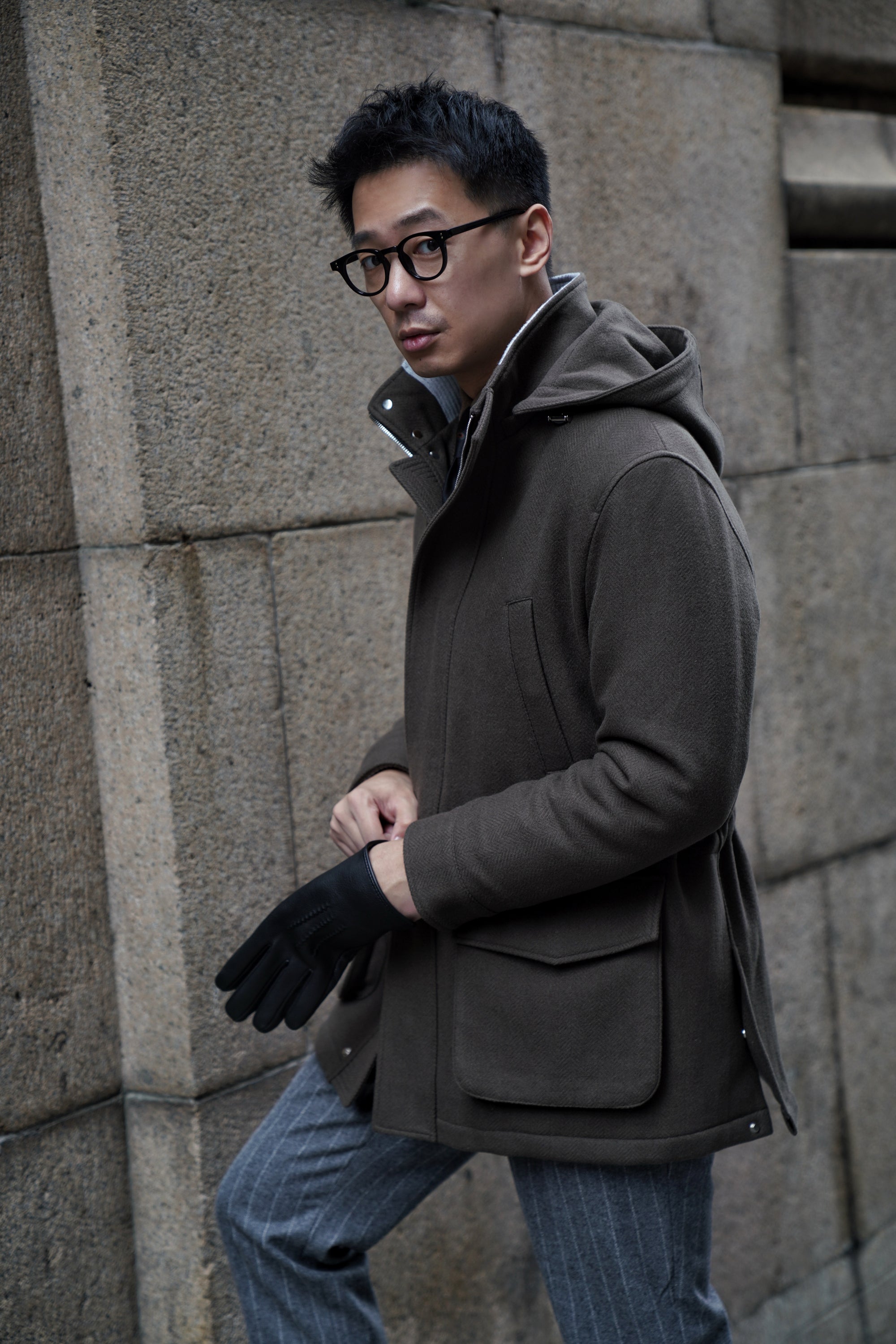 Olive Herringbone Wool Cashmere N3B Parka