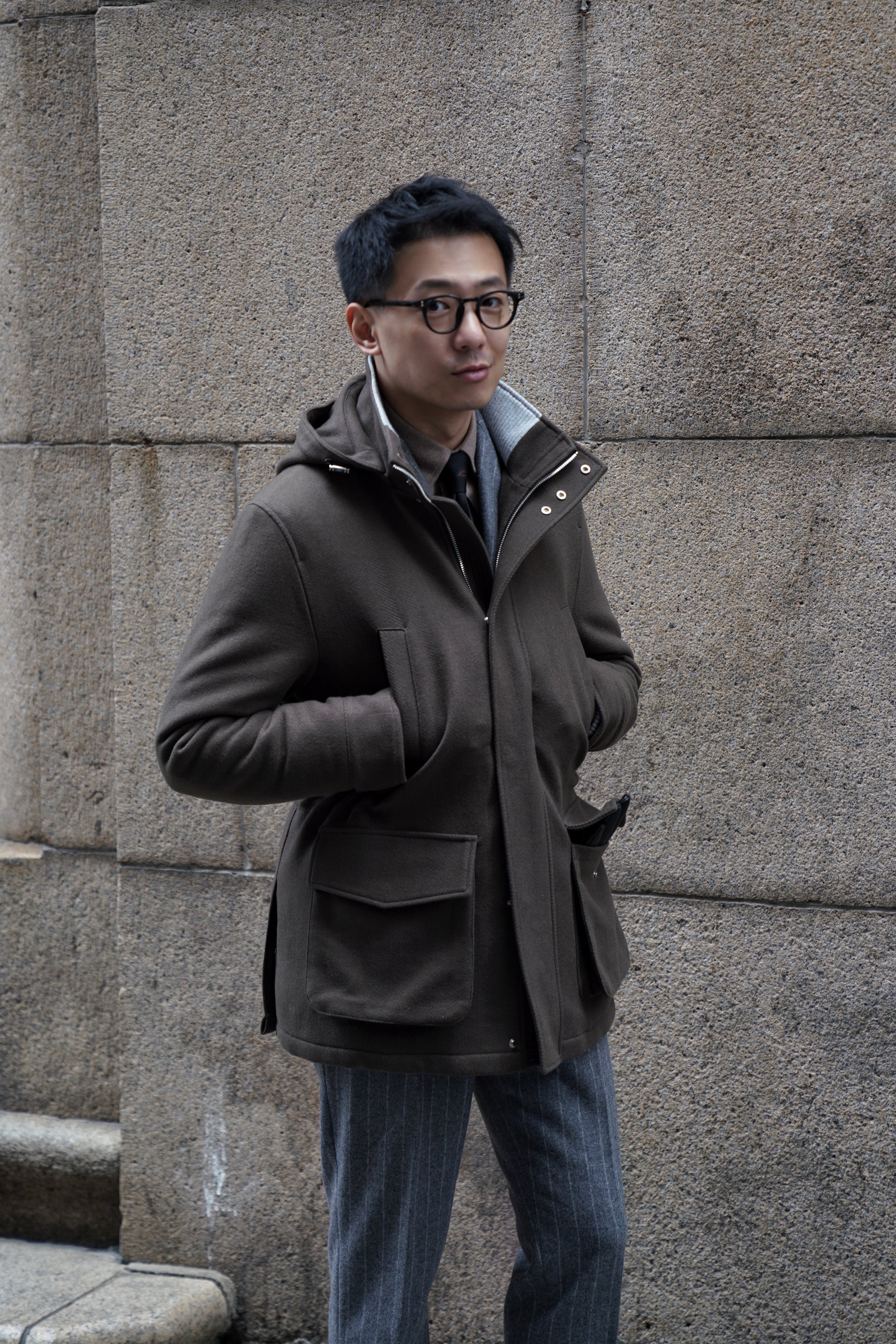 Olive Herringbone Wool Cashmere N3B Parka