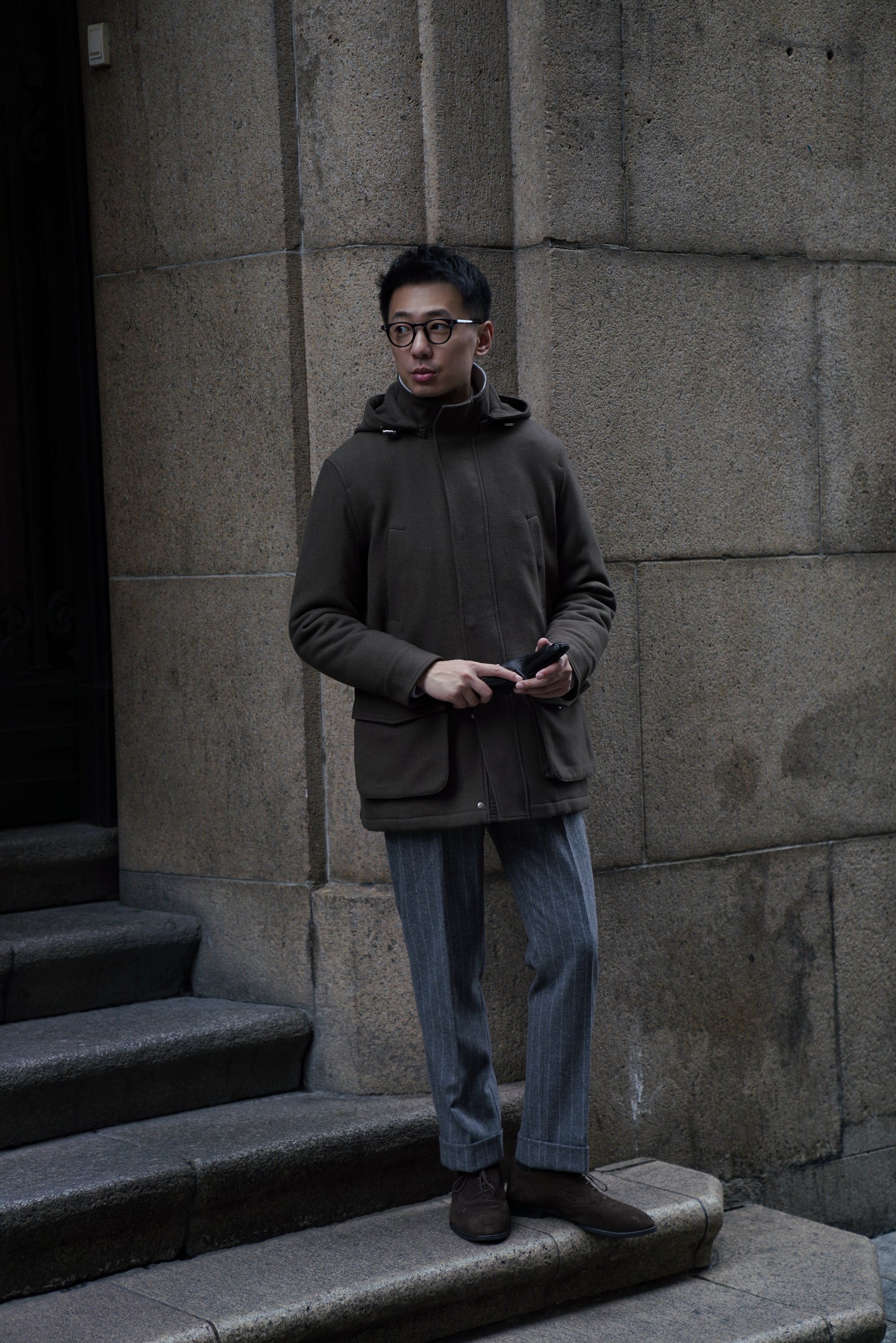 Olive Herringbone Wool Cashmere N3B Parka
