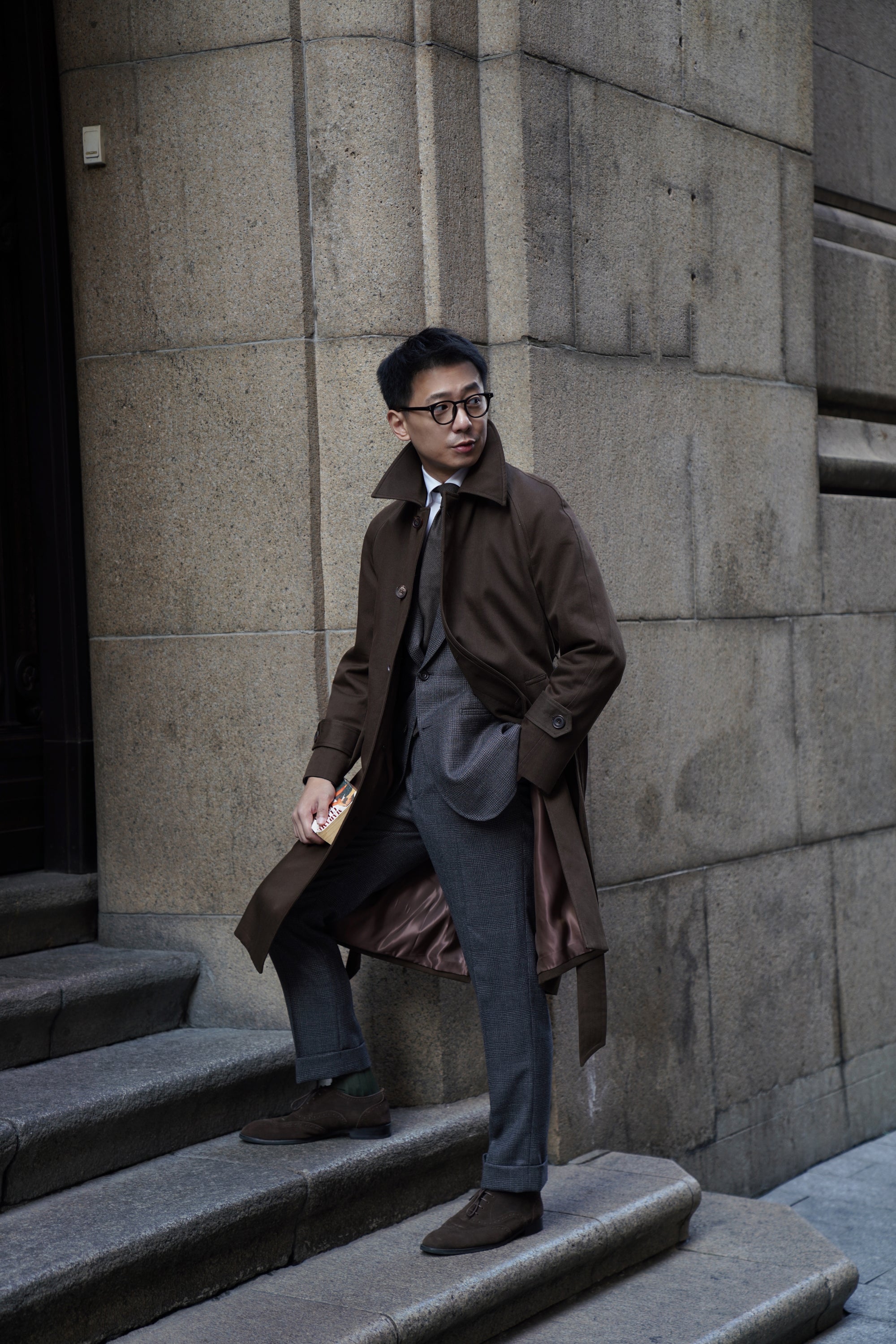 Chocolate Cotton Whipcord Balmacaan Raincoat