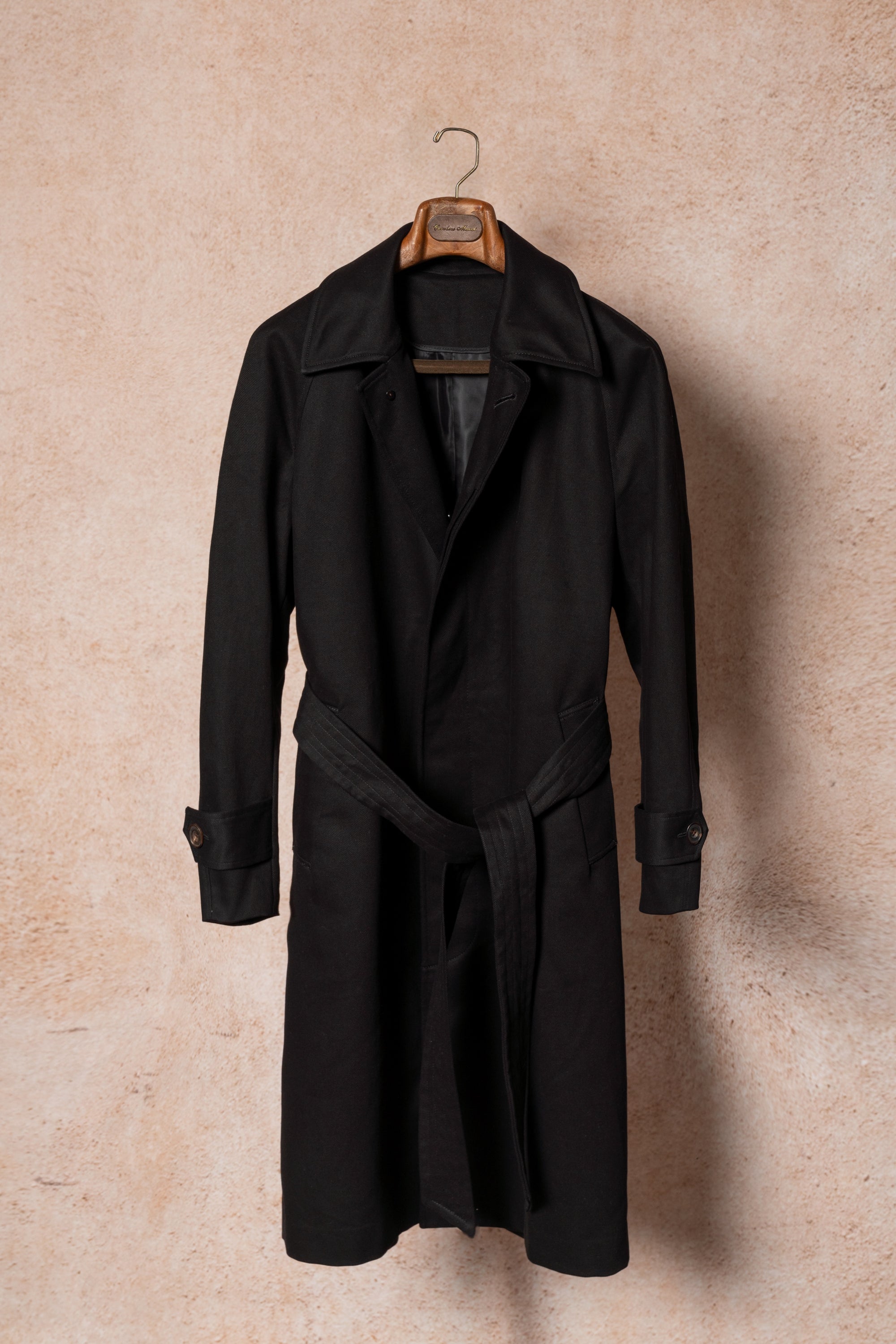 Black Cotton Whipcord Balmacaan Raincoat