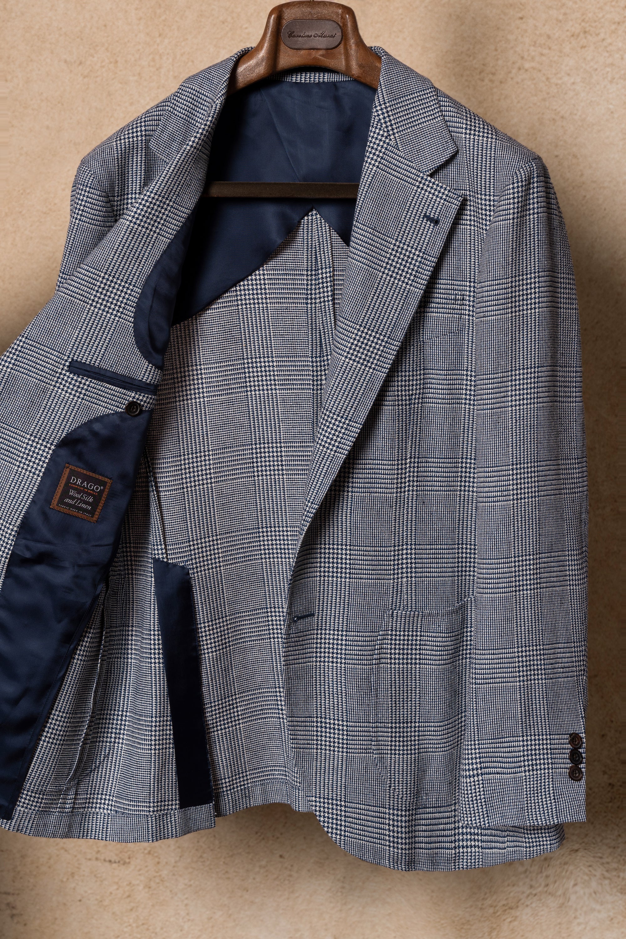 MTO Blue White Glen Check Silk Linen Wool Jacket #259