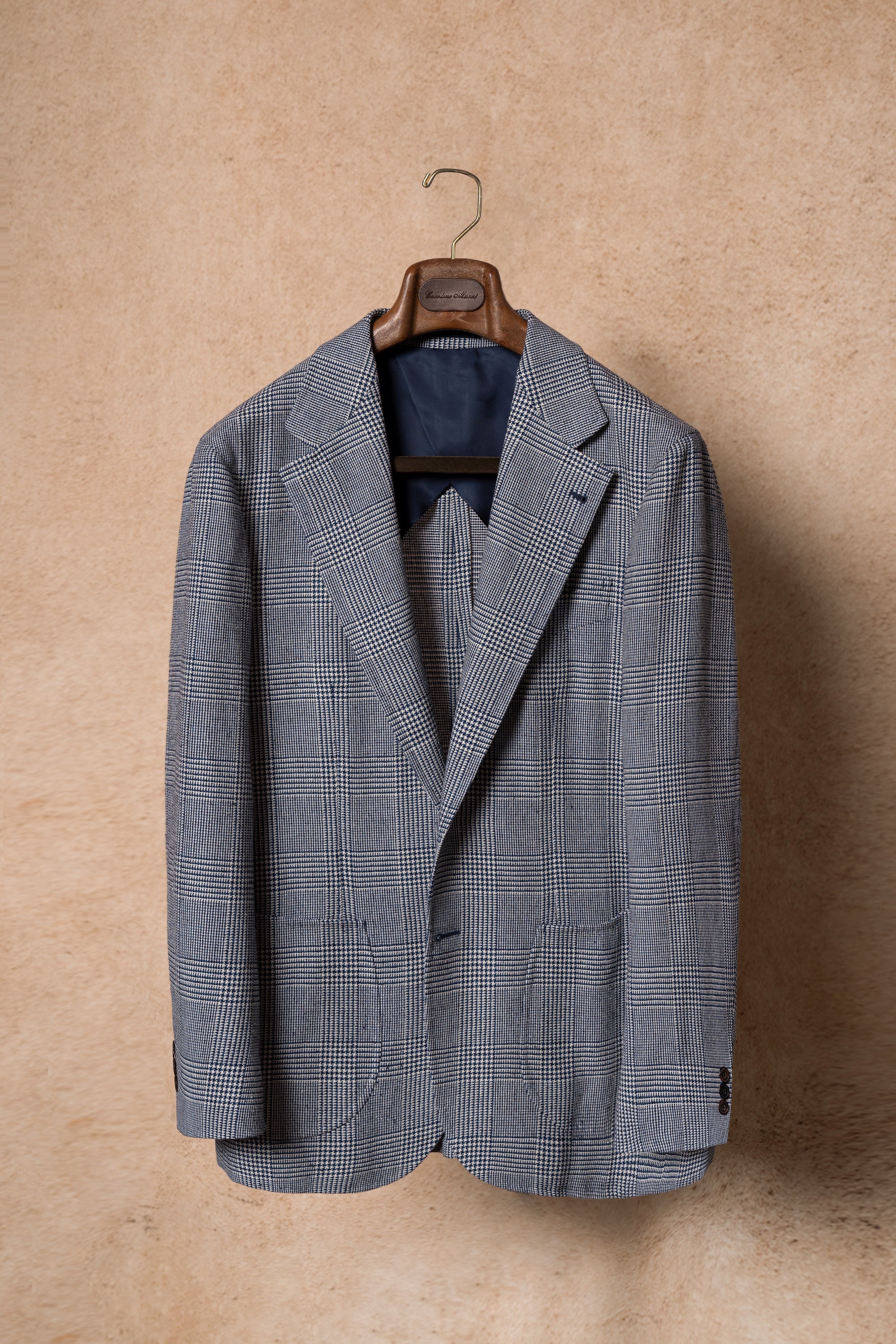 MTO Blue White Glen Check Silk Linen Wool Jacket #259