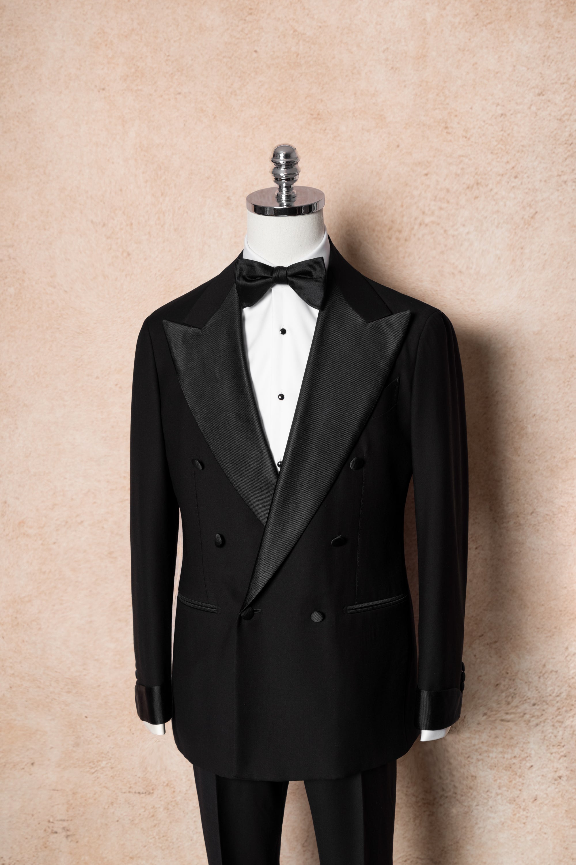 Black Wool Barathea Peak Lapel Double Breasted Dinner Suit #219