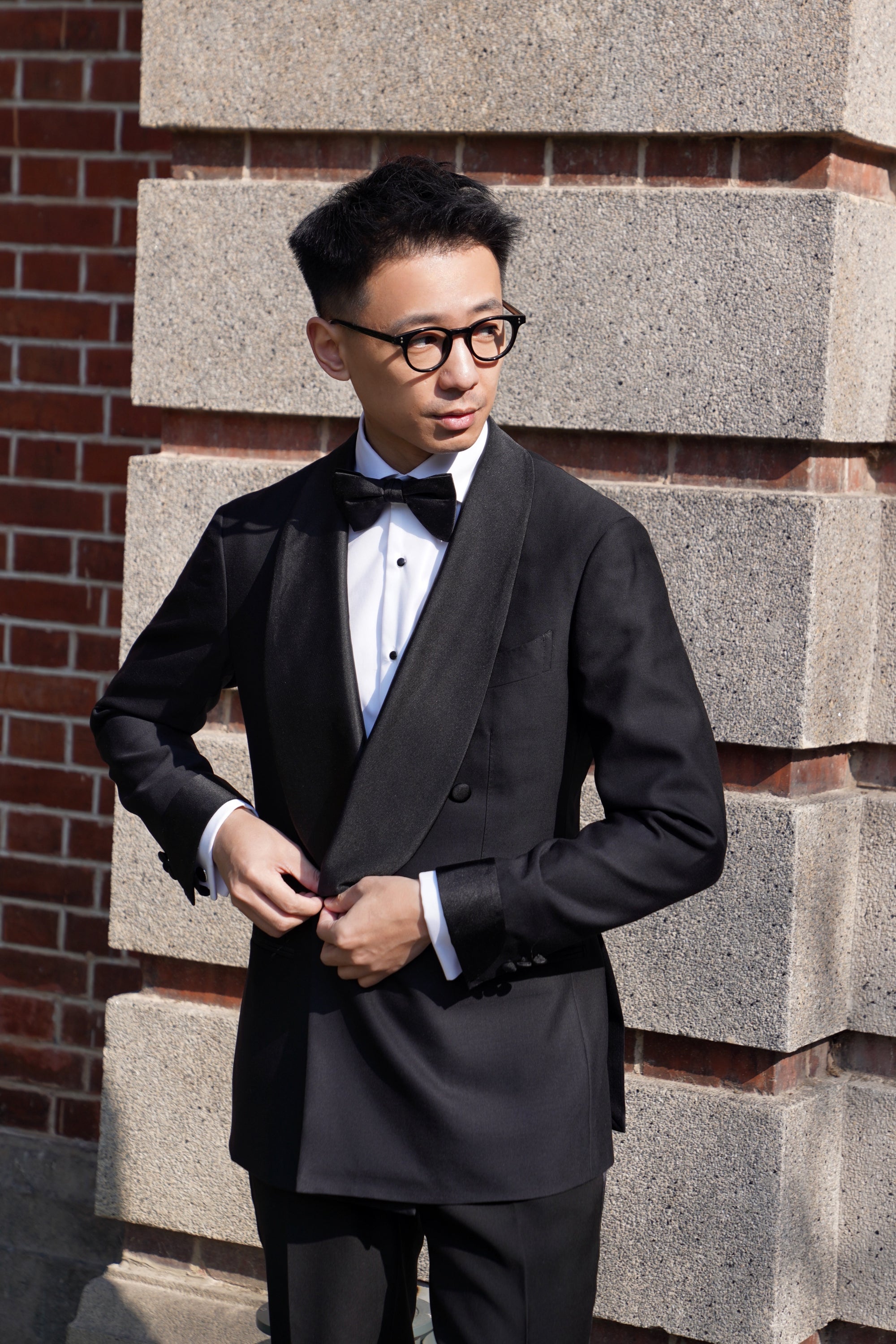 Black Wool Barathea Shawl Lapel Double Breasted Dinner Suit #219