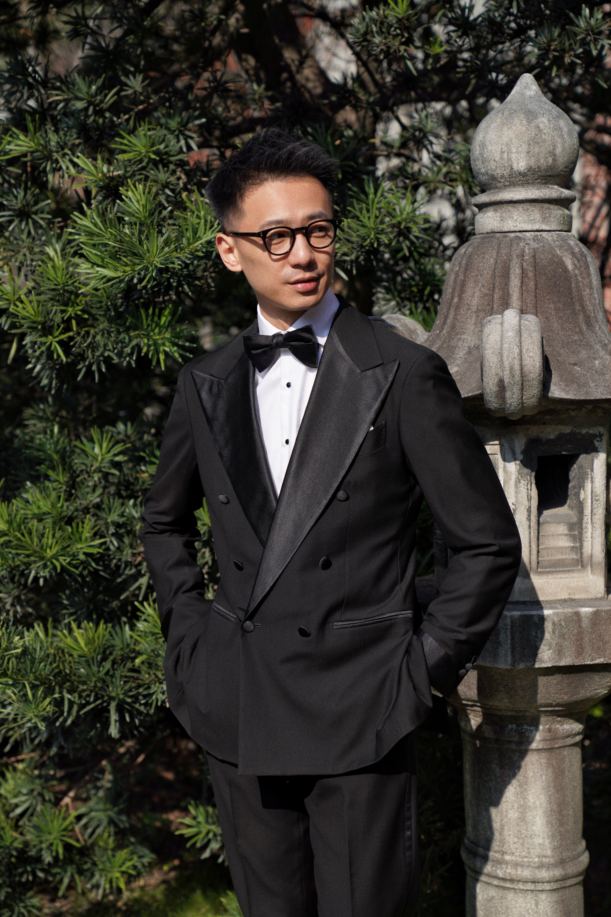 Black Wool Barathea Peak Lapel Double Breasted Dinner Suit #219