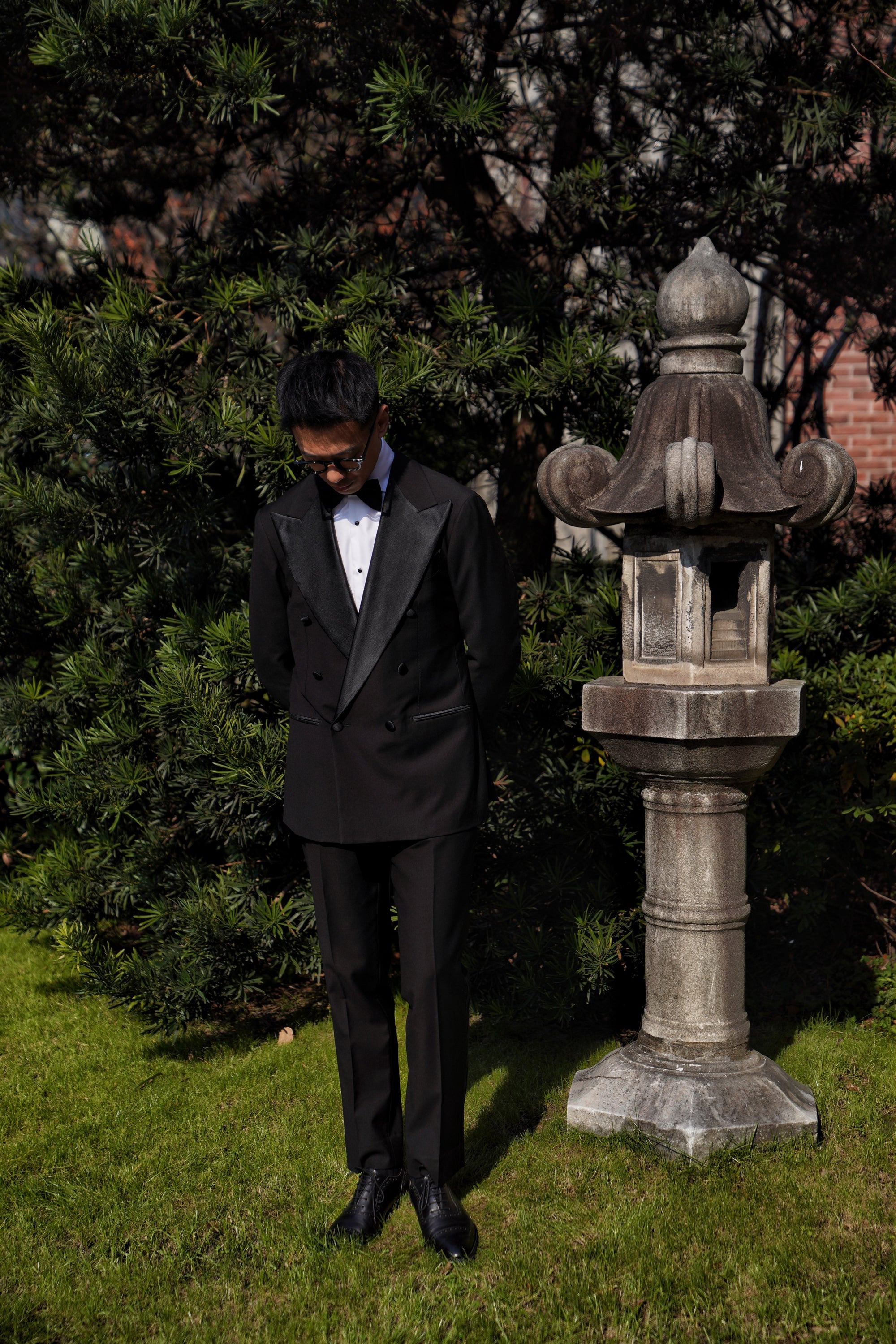 Black Wool Barathea Peak Lapel Double Breasted Dinner Suit #219