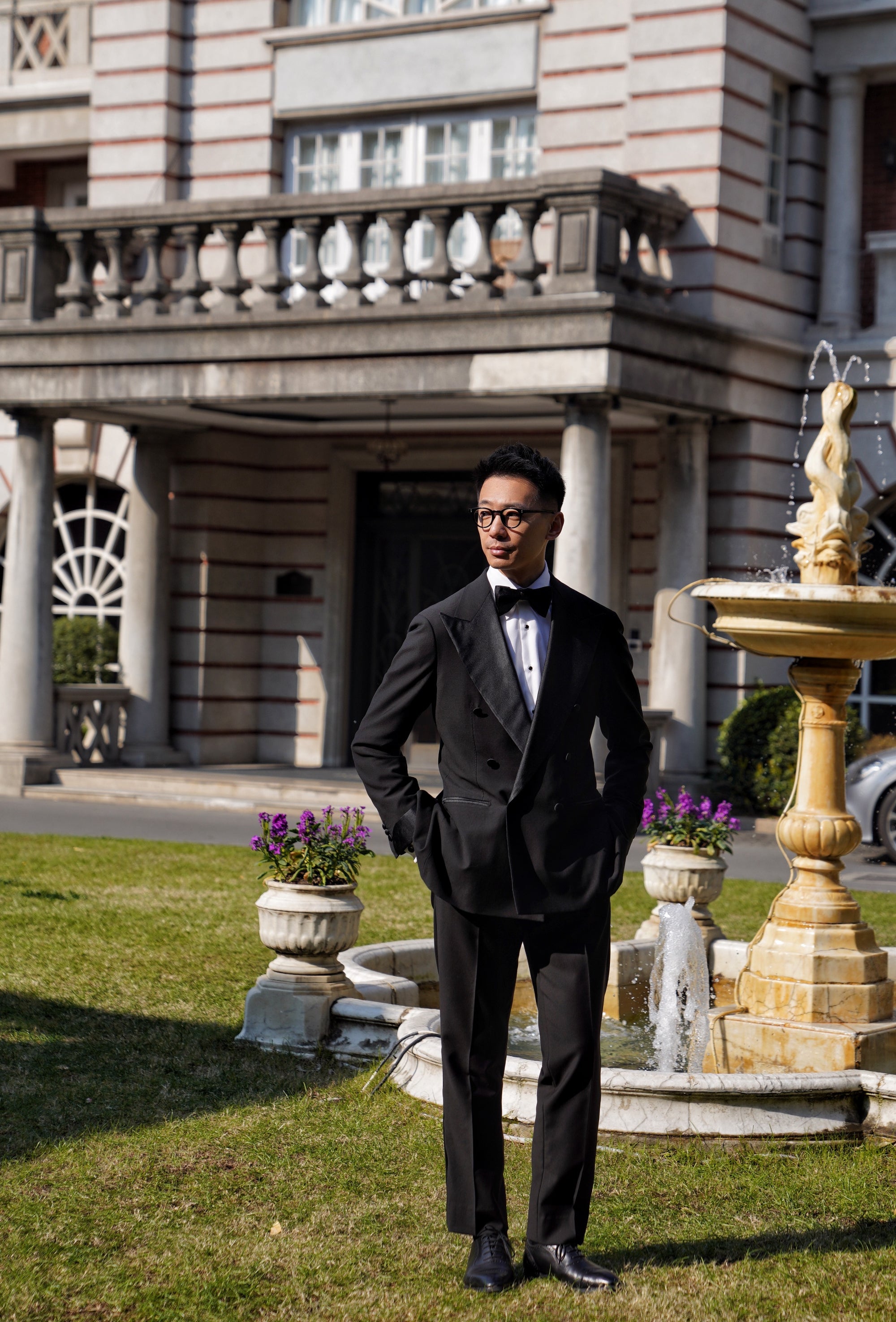 Black Wool Barathea Peak Lapel Double Breasted Dinner Suit #219