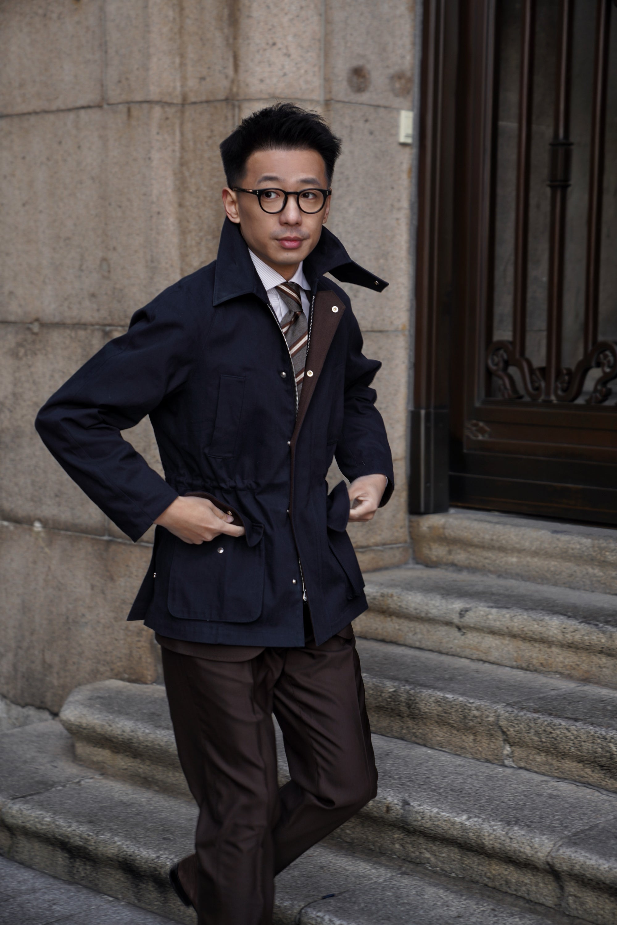 Ink Blue Herringbone Cotton Hunting Jacket