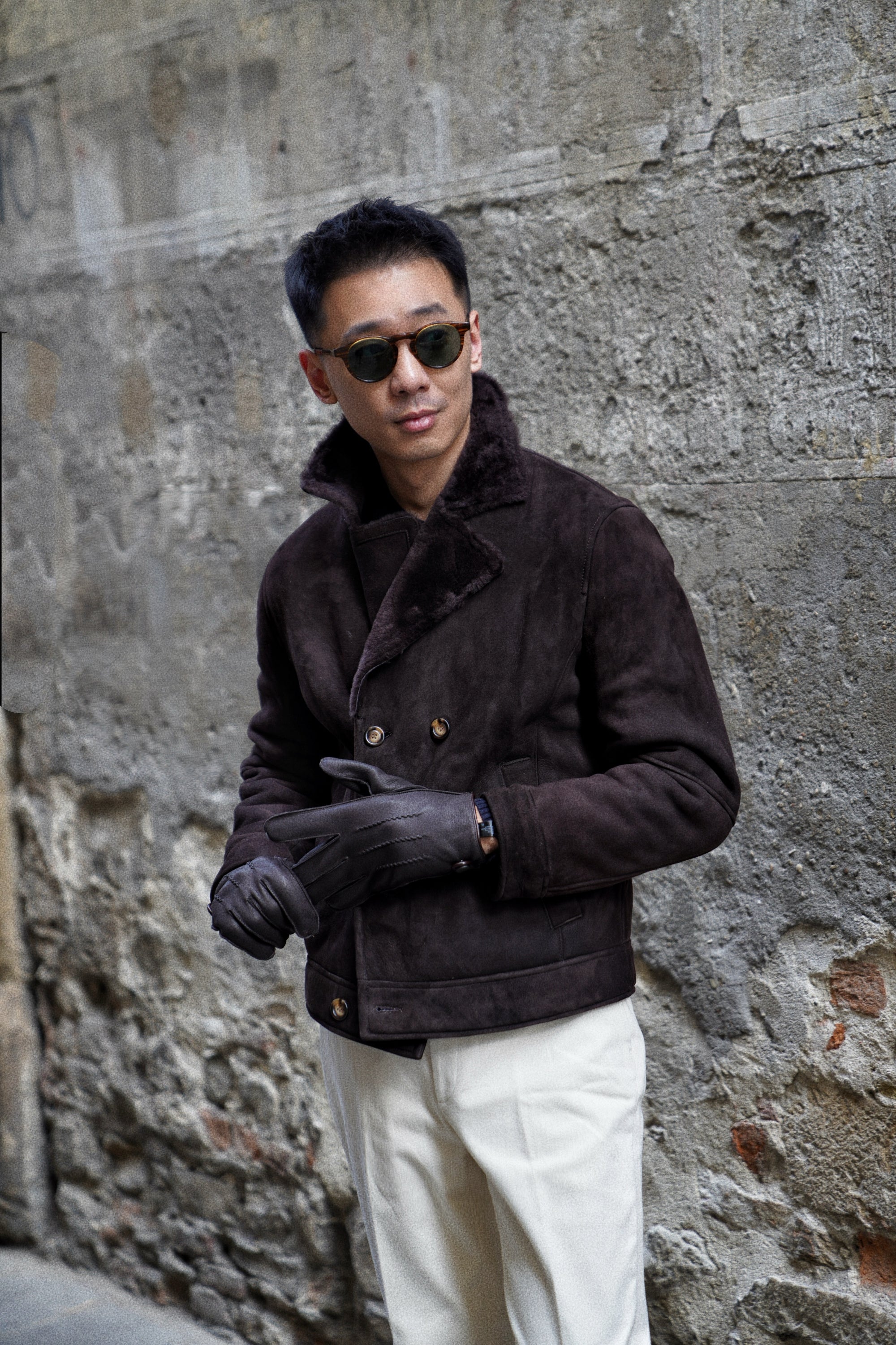Dark Brown Lambskin Shearling Peacoat