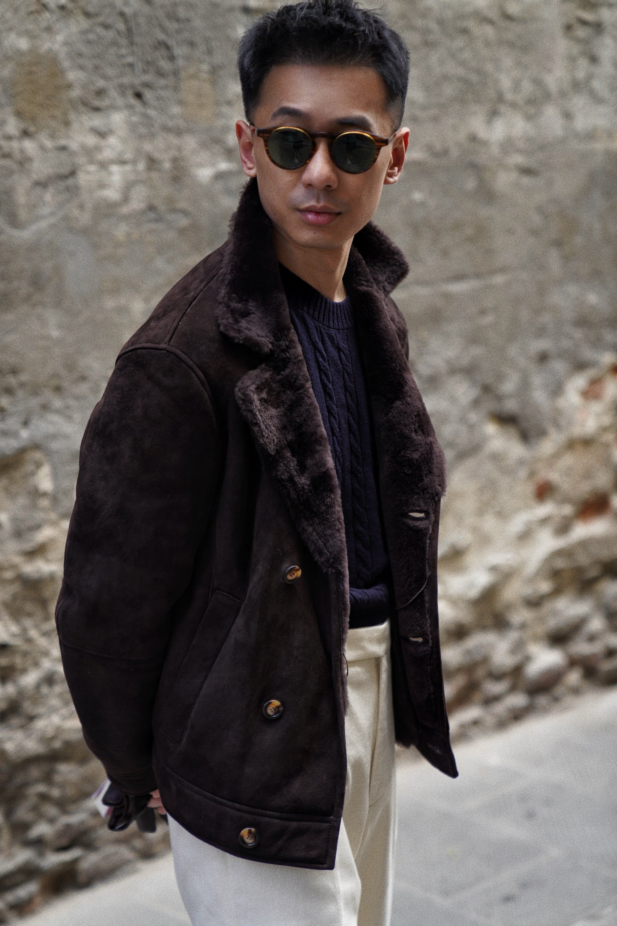 Dark Brown Lambskin Shearling Peacoat