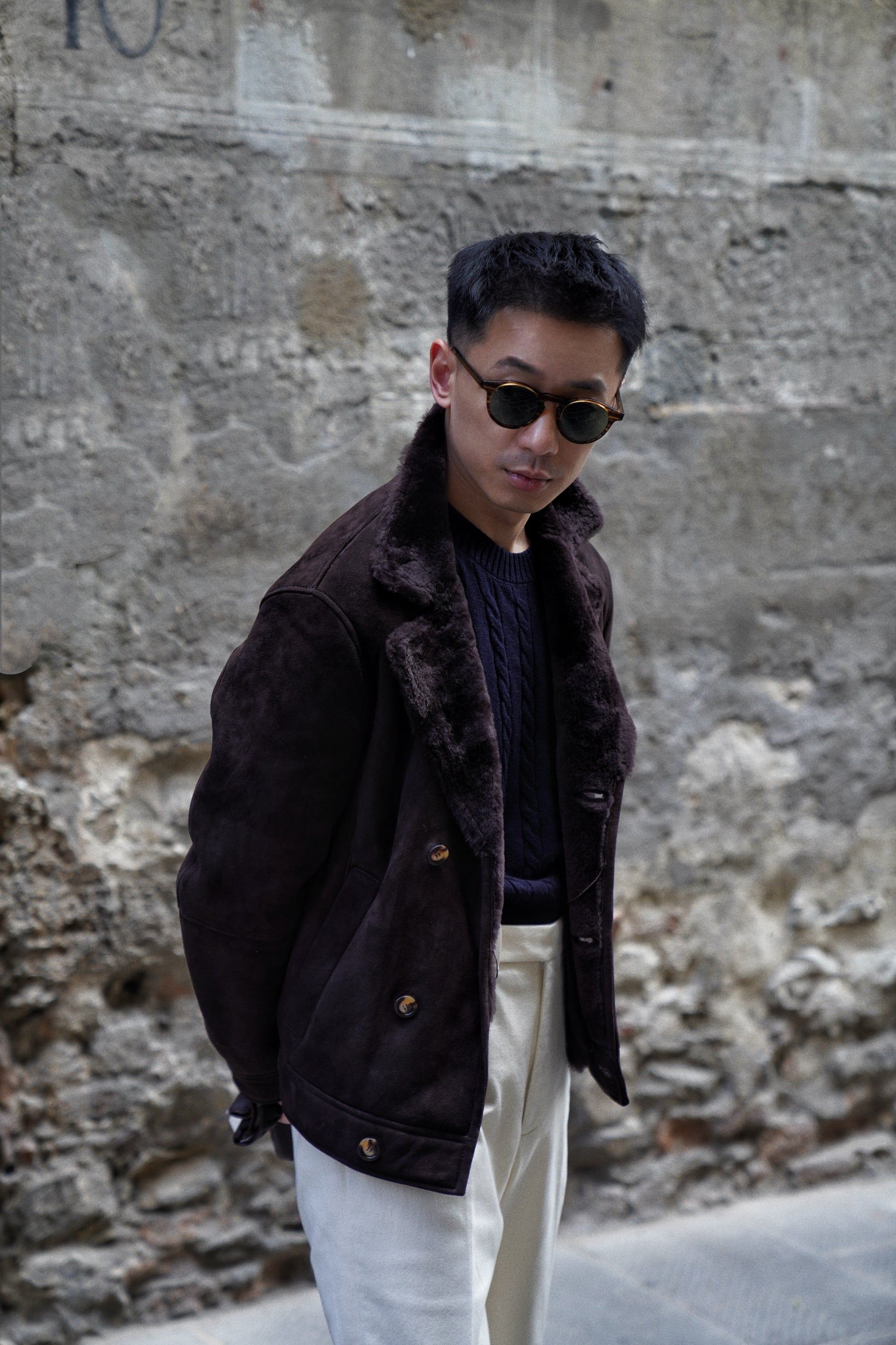Dark Brown Lambskin Shearling Peacoat