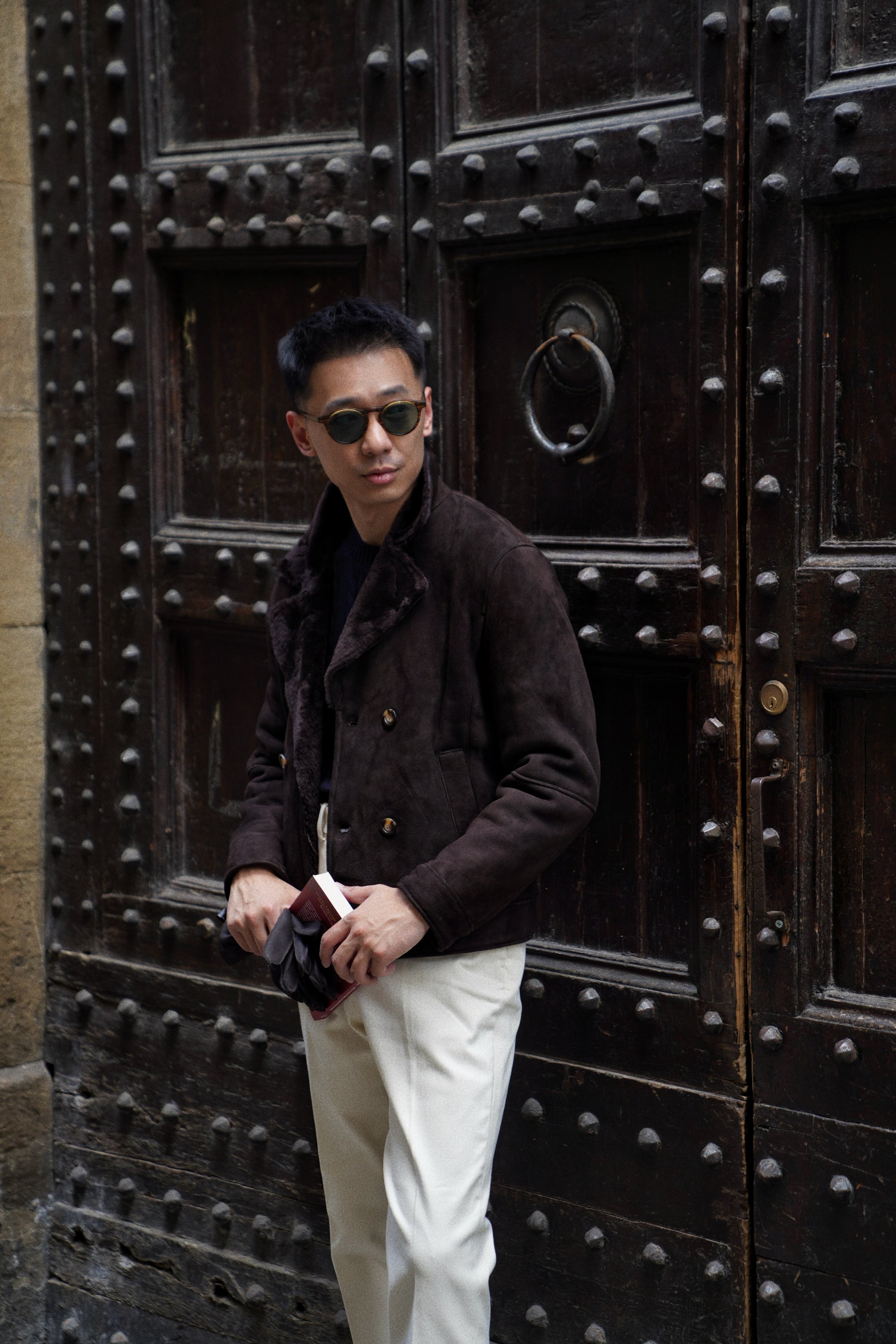 Dark Brown Lambskin Shearling Peacoat
