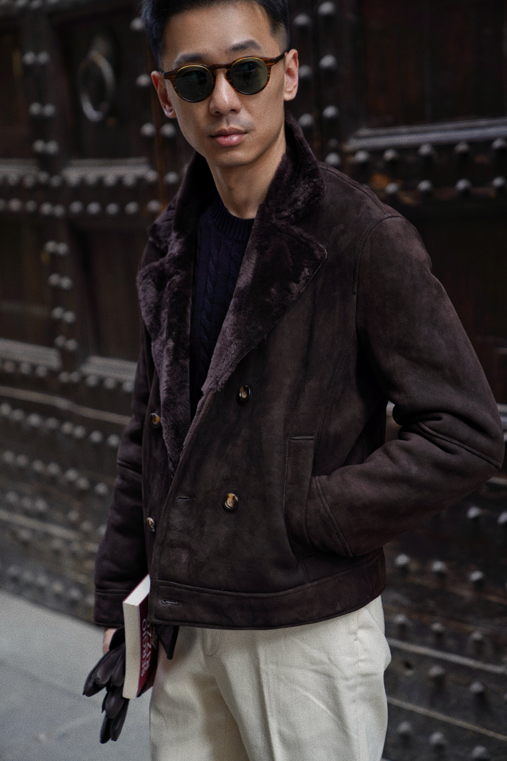 Dark Brown Lambskin Shearling Peacoat
