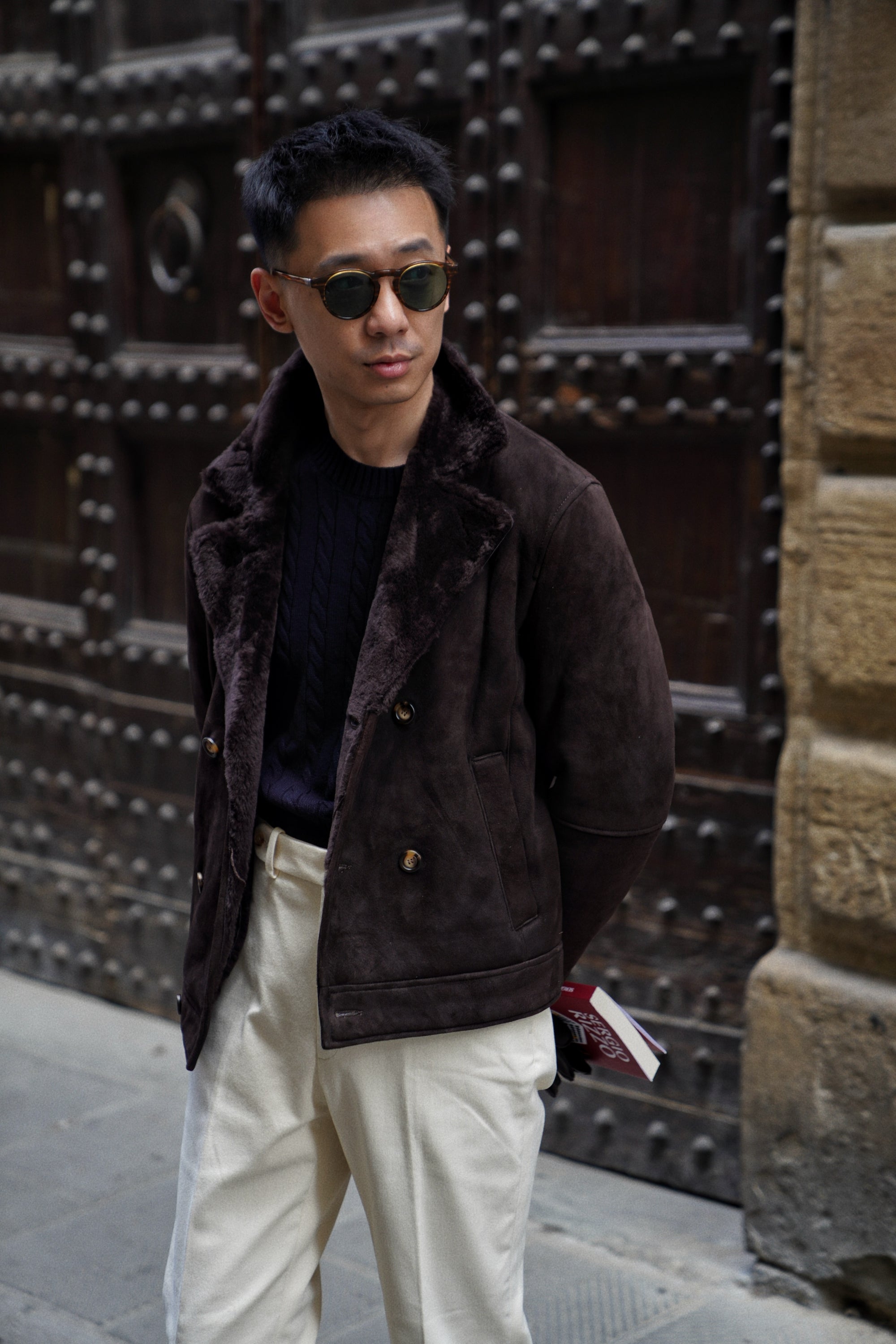 Dark Brown Lambskin Shearling Peacoat