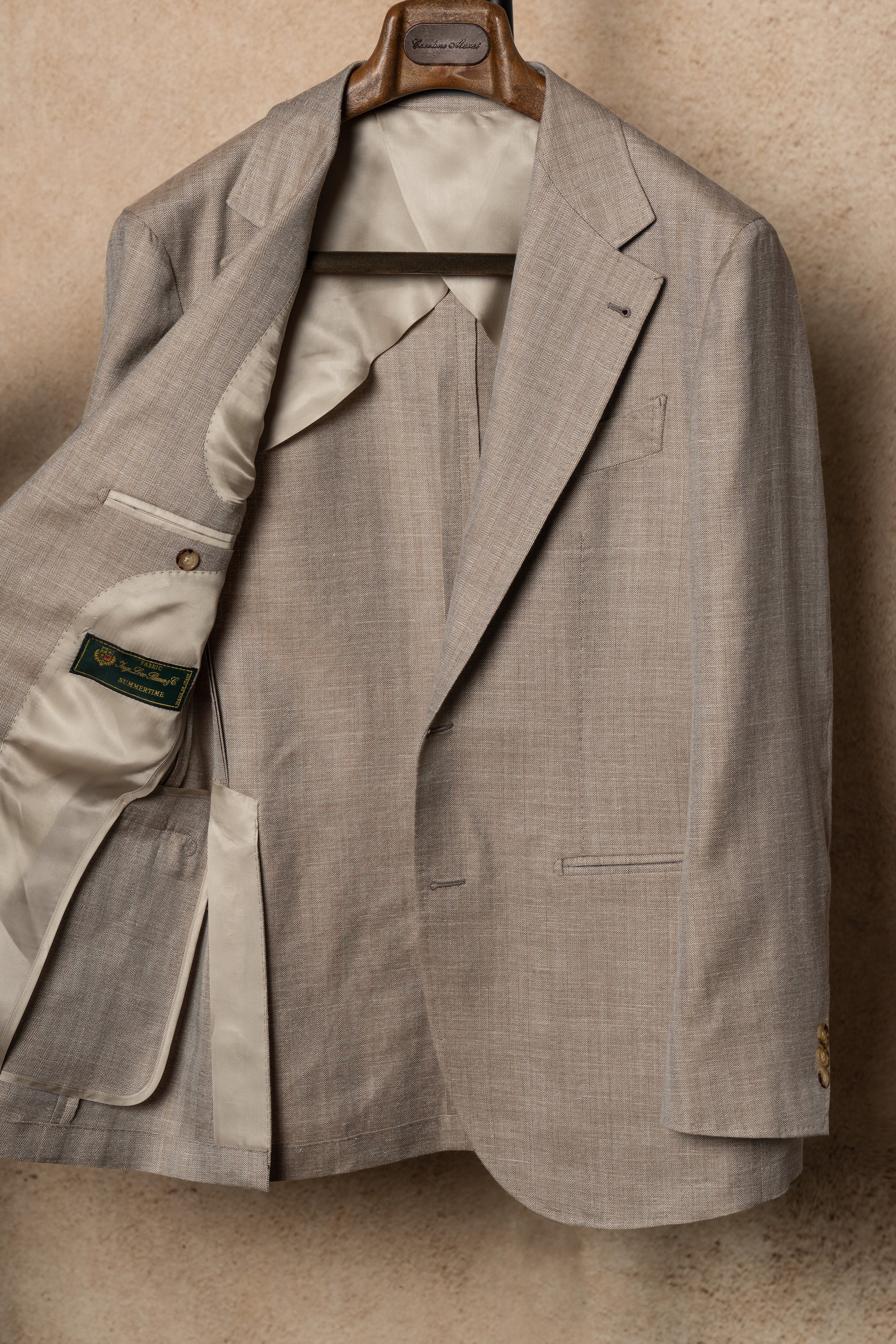 MTO Champagne Herringbone Wool Silk Linen Suit