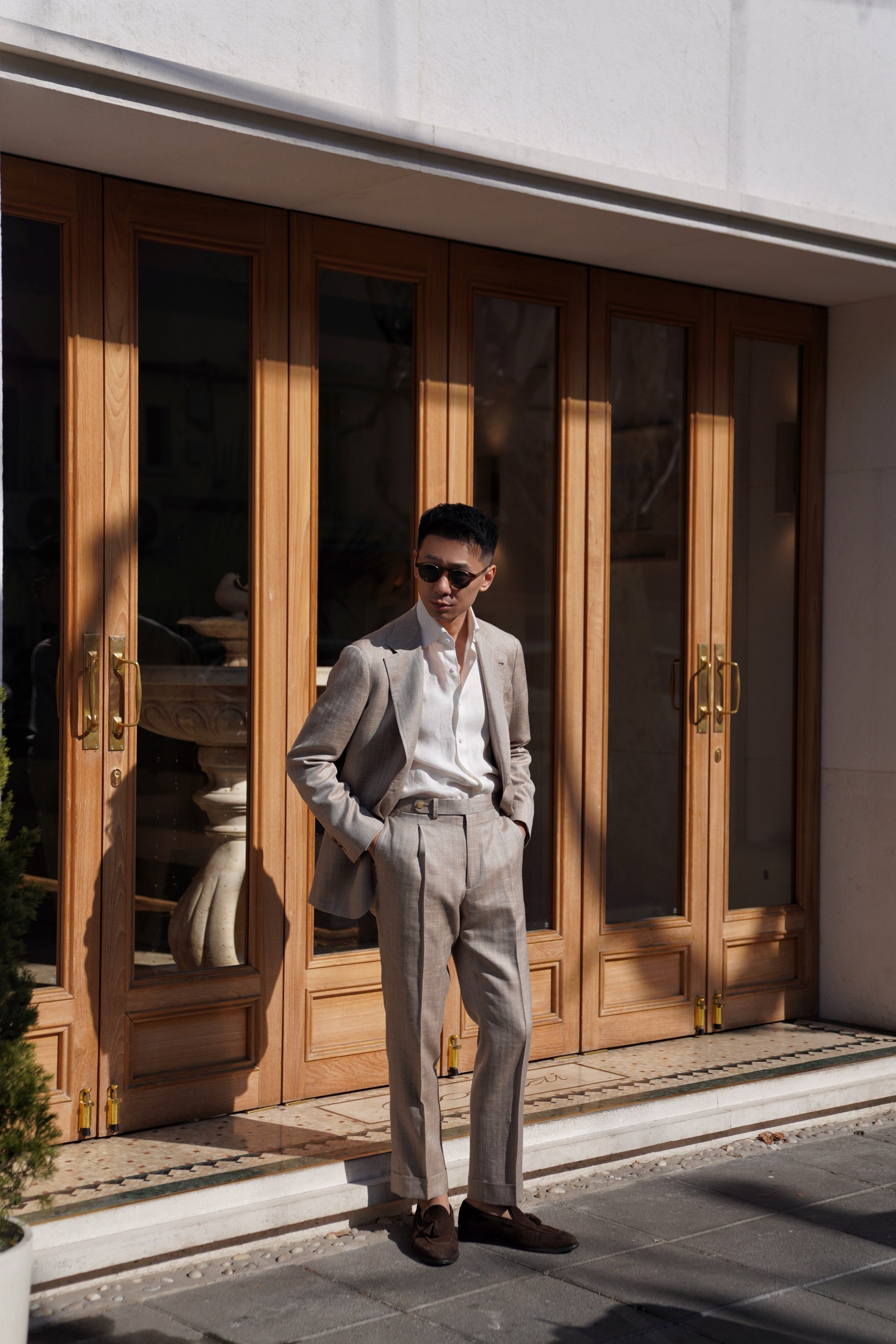 MTO Champagne Herringbone Wool Silk Linen Suit