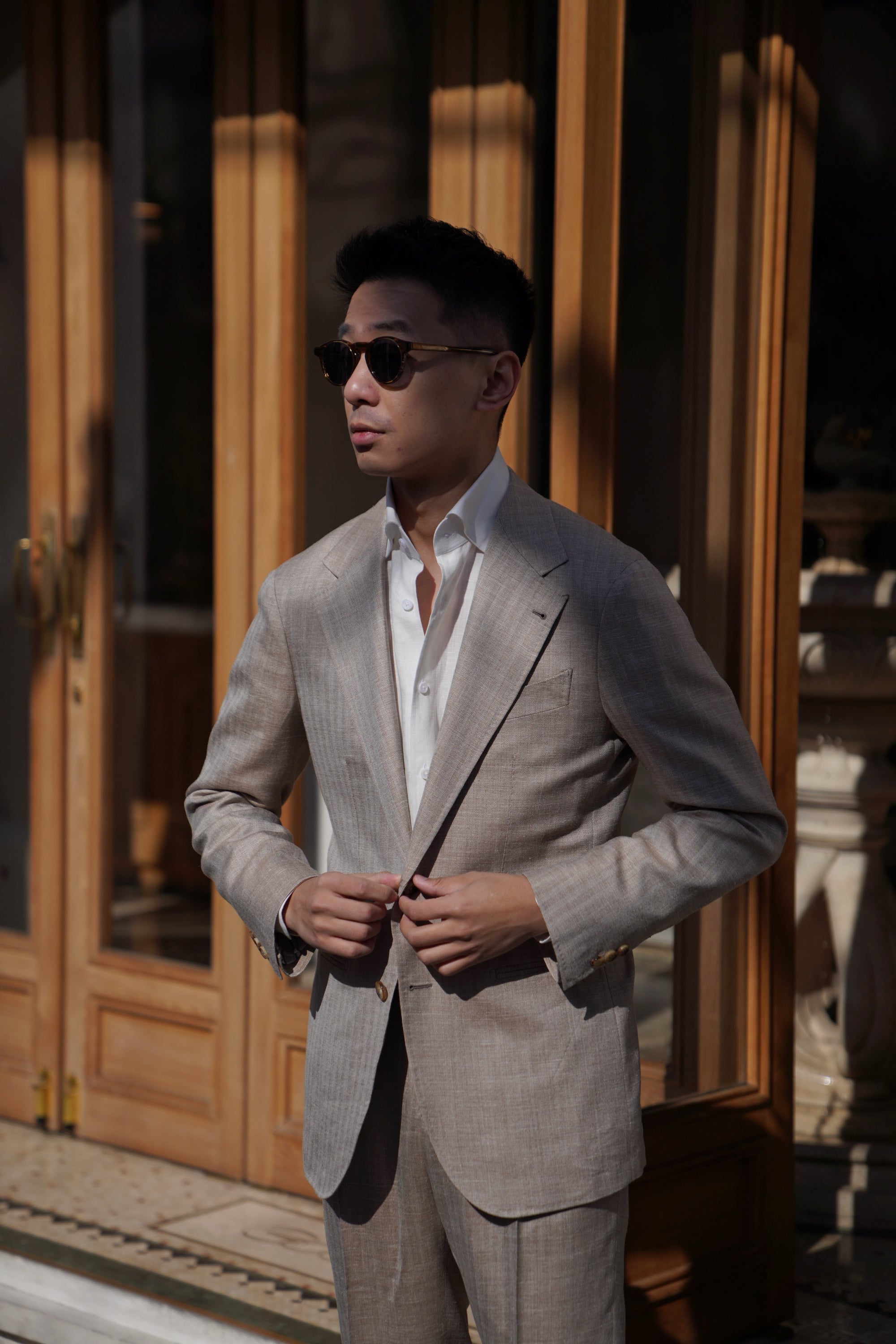 MTO Champagne Herringbone Wool Silk Linen Suit