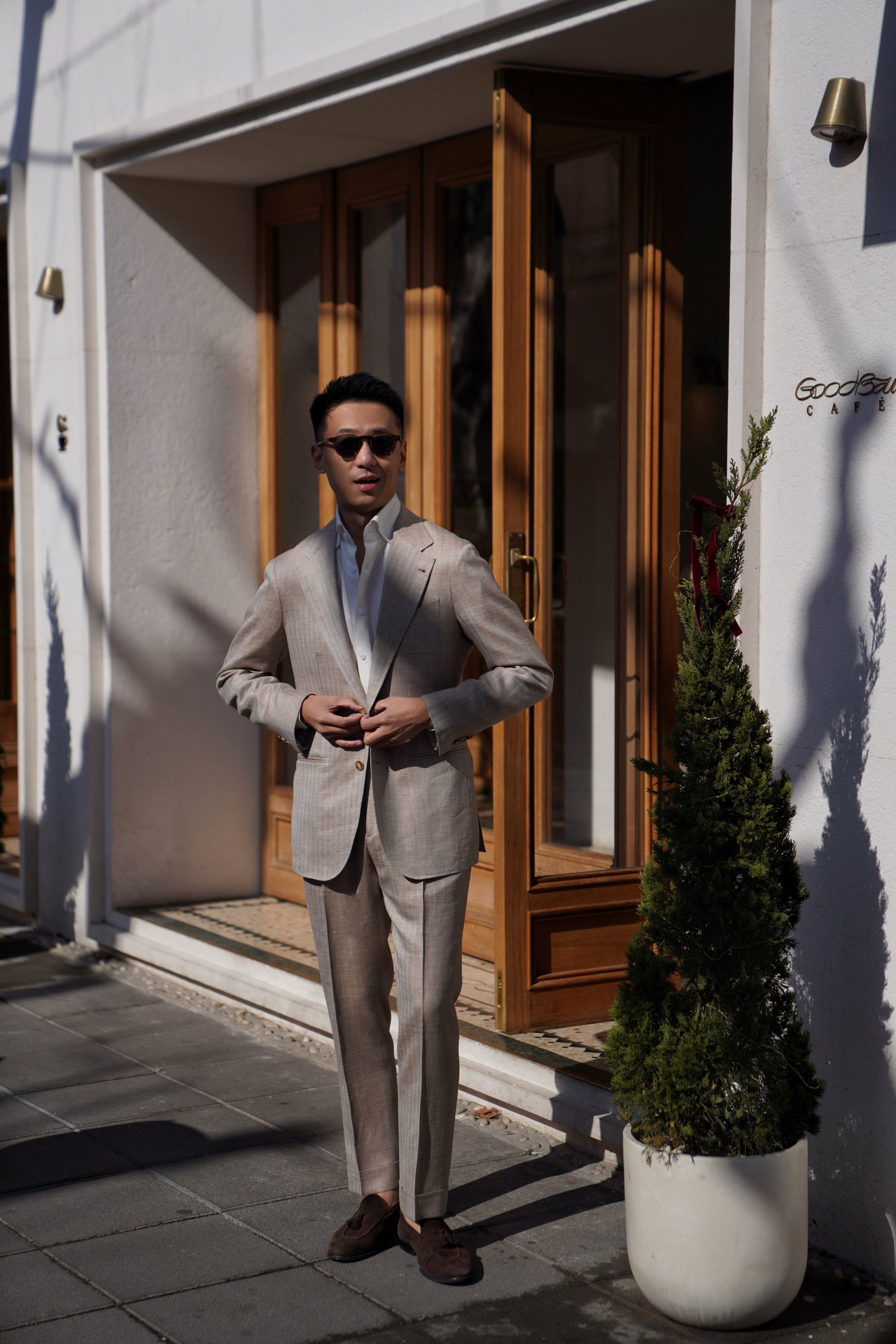 MTO Champagne Herringbone Wool Silk Linen Suit