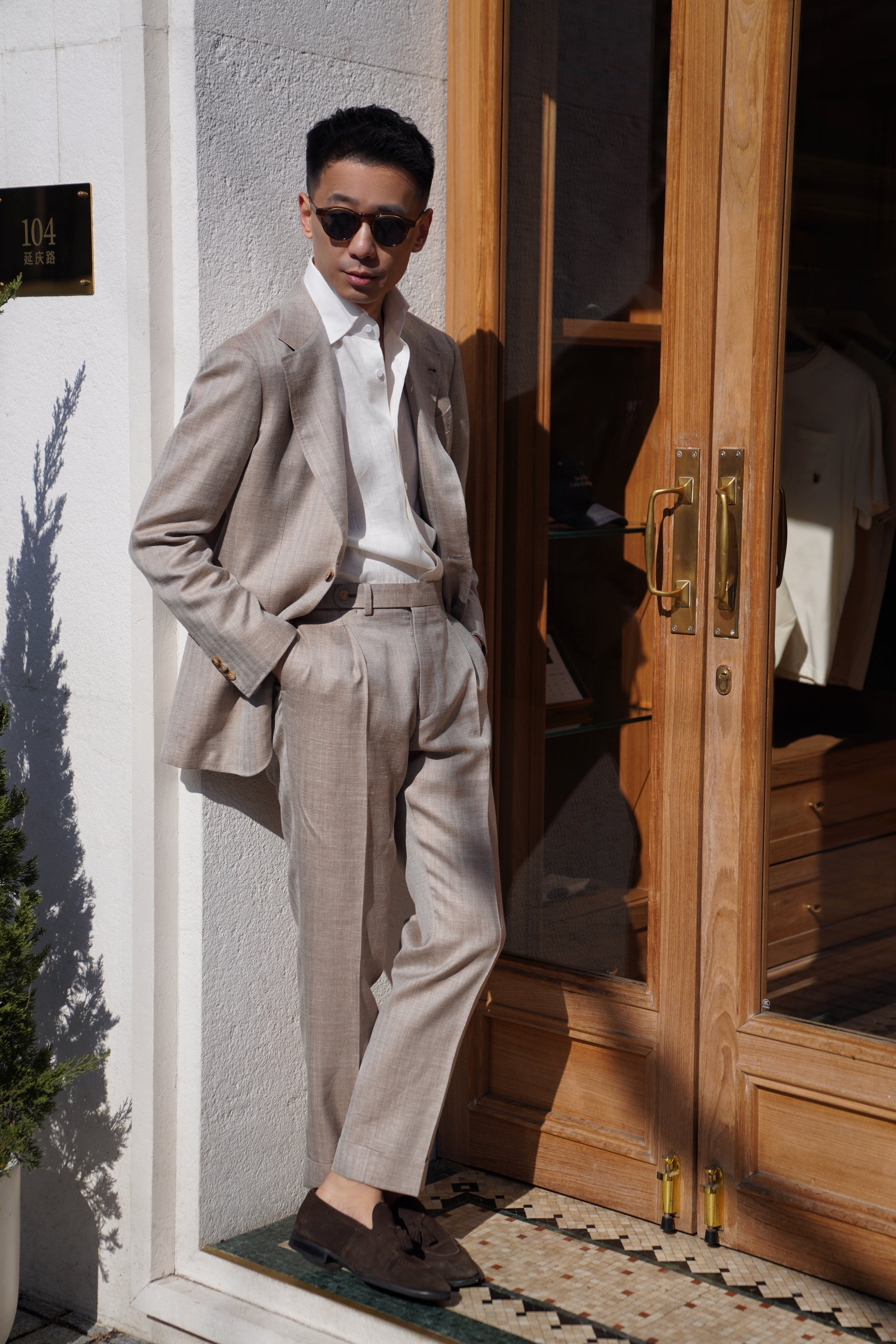 MTO Champagne Herringbone Wool Silk Linen Suit